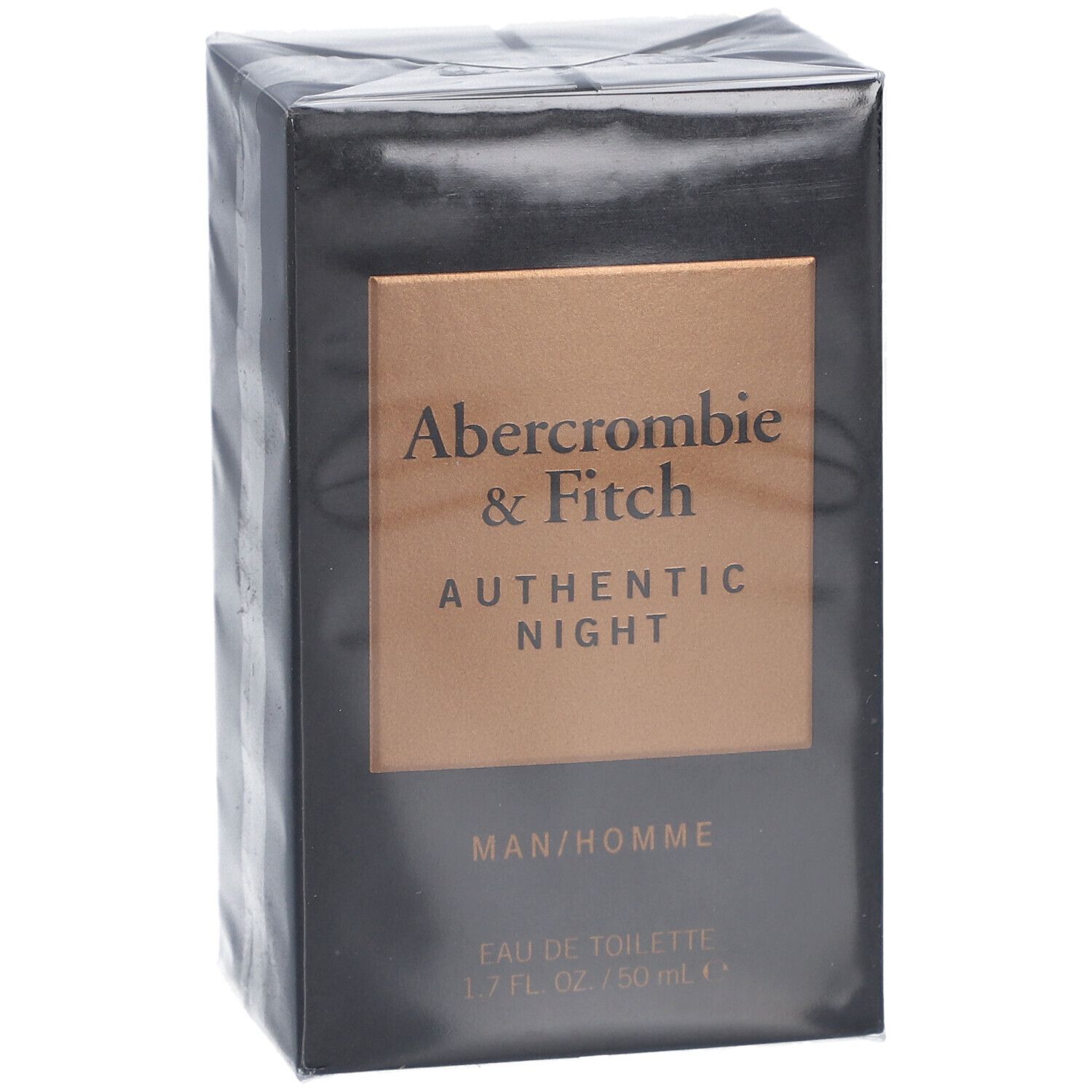 Zwarte doos met Abercrombie & Fitch Authentic Night. Opschrift: MAN/HOMME, Eau de Toilette, 1.7 FL. OZ. / 50 mL.