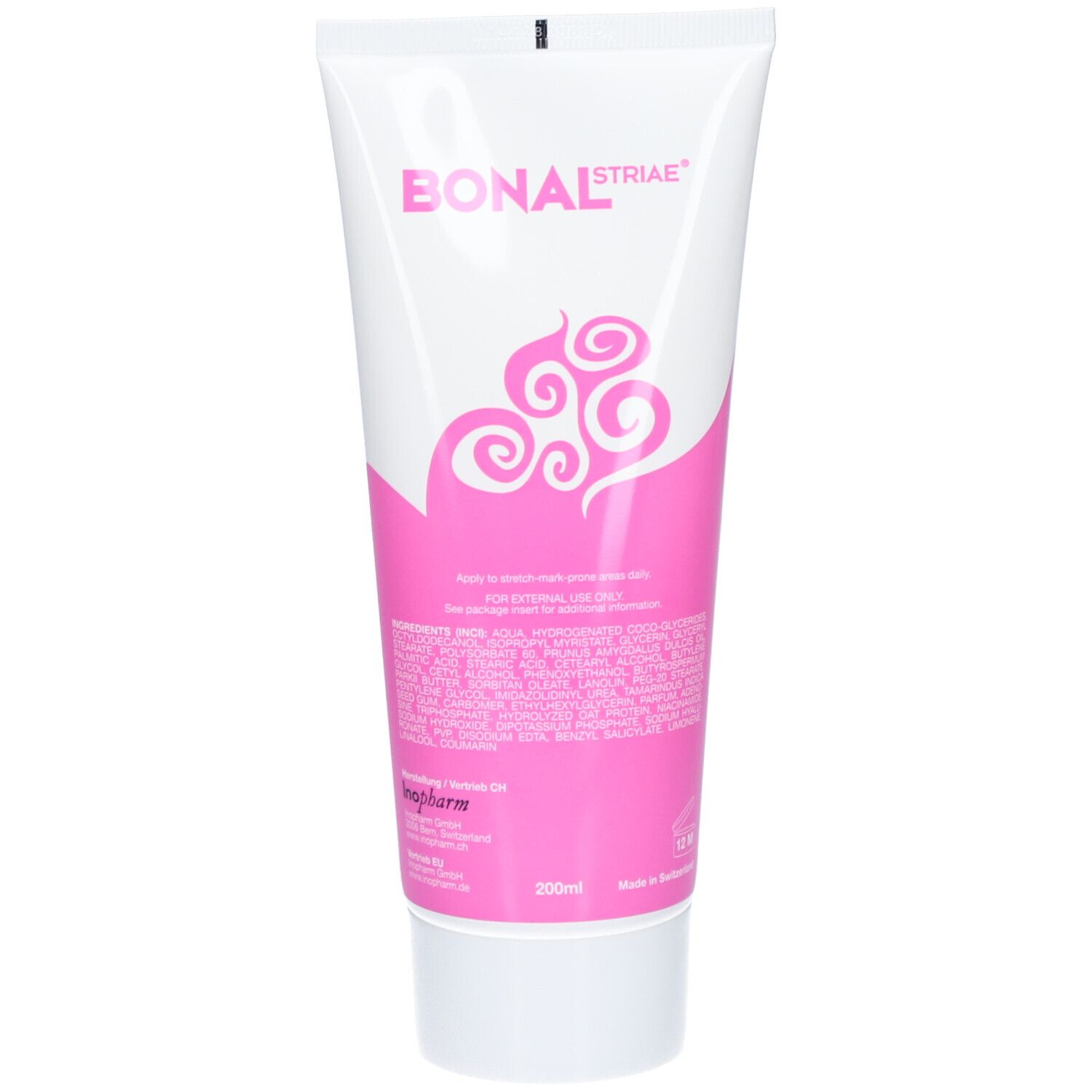 Achterkant van de tube. Bevat ingrediënten en fabrikantinformatie. Witte tube met roze accenten.