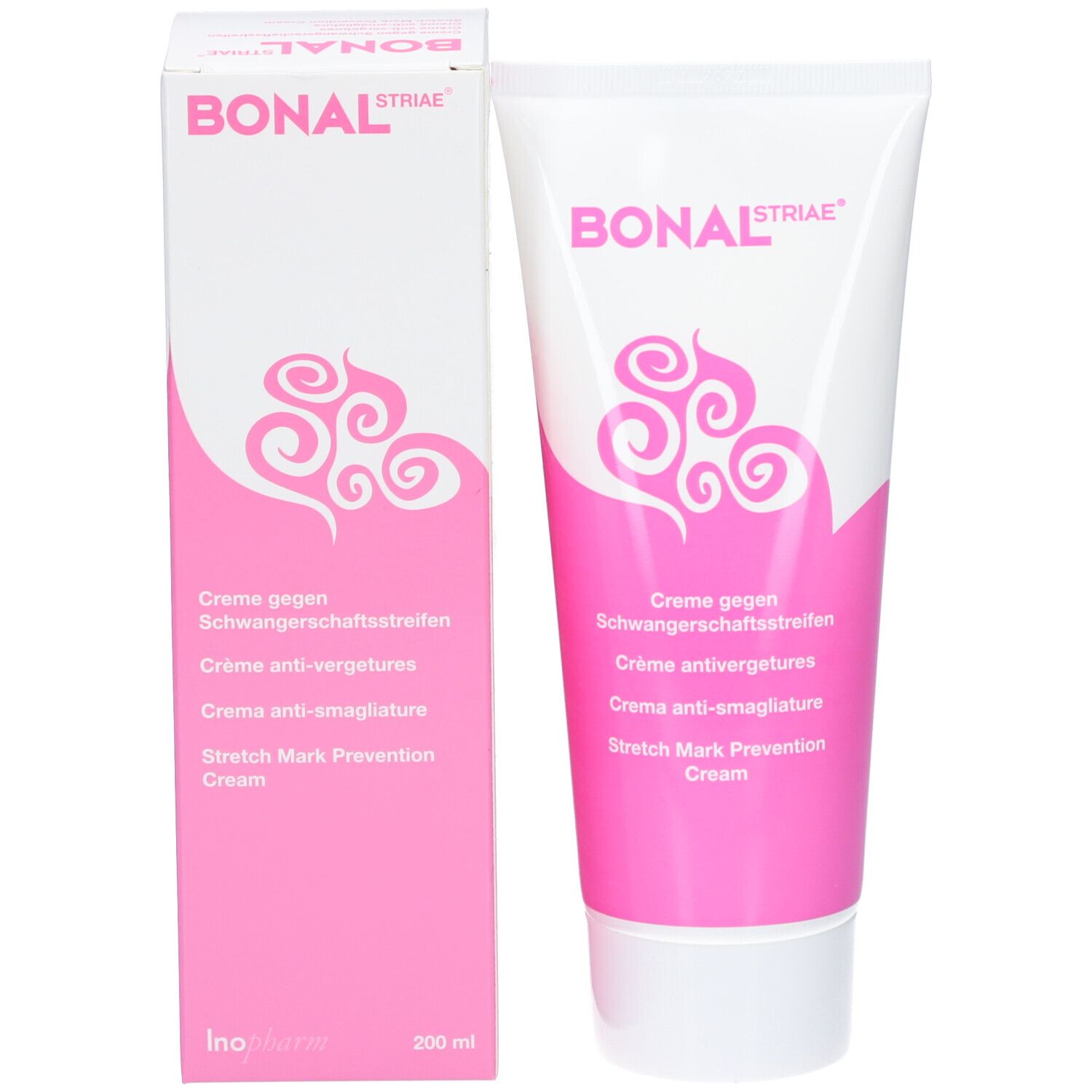 Productverpakking met tube en doos. Tube en doos in wit en roze. Opschrift BONAL Striae en productnaam.