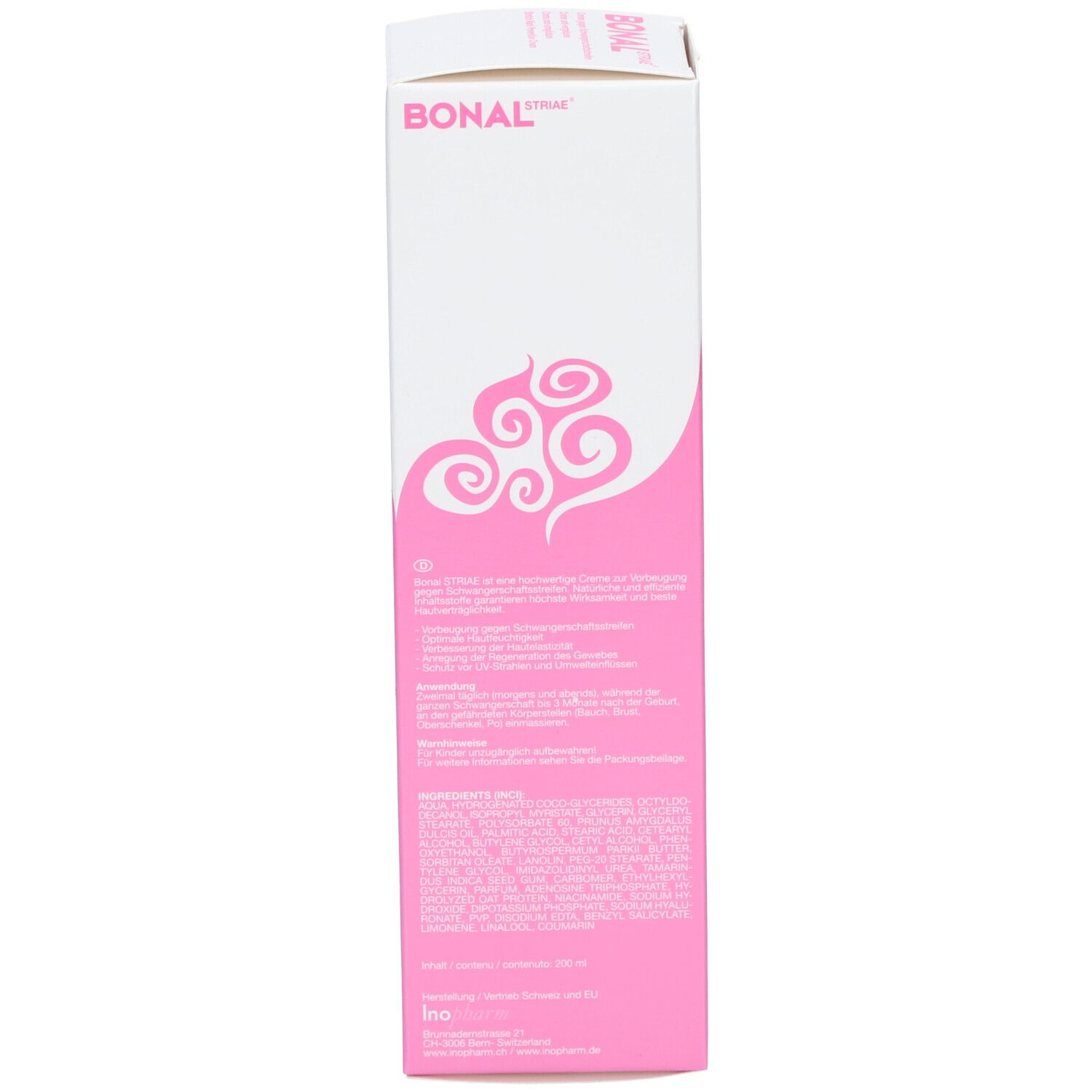 Achterkant van de productverpakking. Bevat informatie over het product en de fabrikant. Wit met roze accenten.