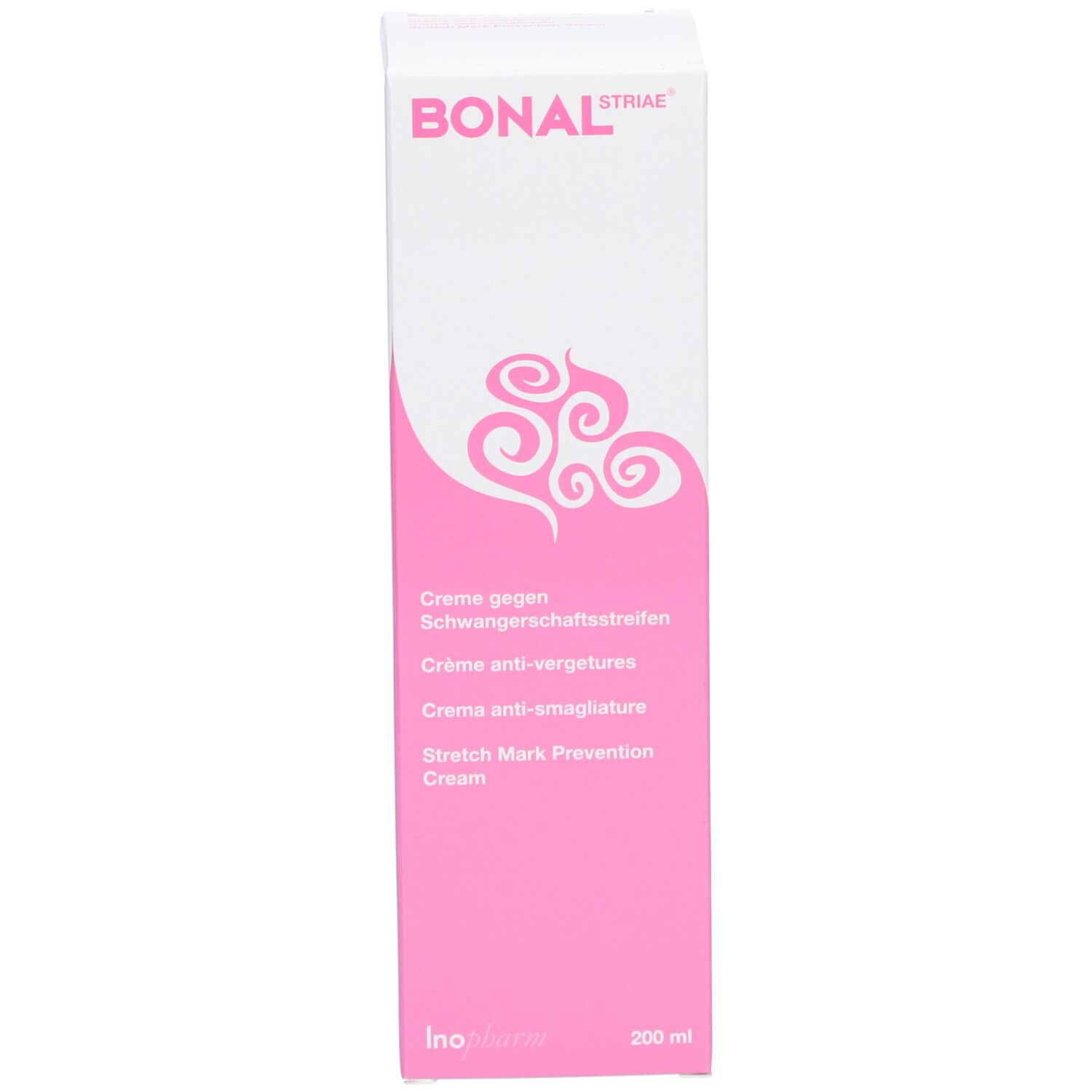 Smalle, hoge productverpakking. Wit met roze accenten. Opschrift BONAL Striae en productnaam. 200 ml.