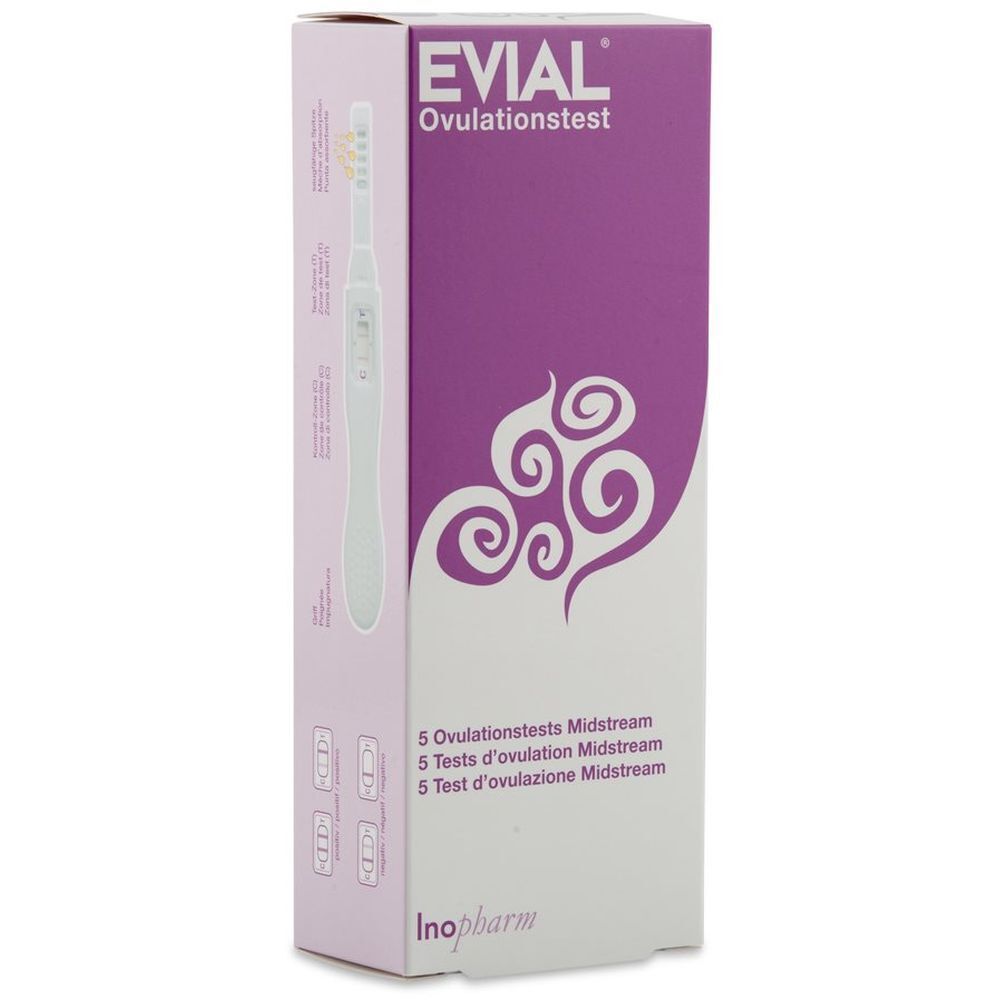 Verpakking van EVIAL Ovulatietest. Witte doos met paarse accenten en productafbeelding. Bevat 5 testen.