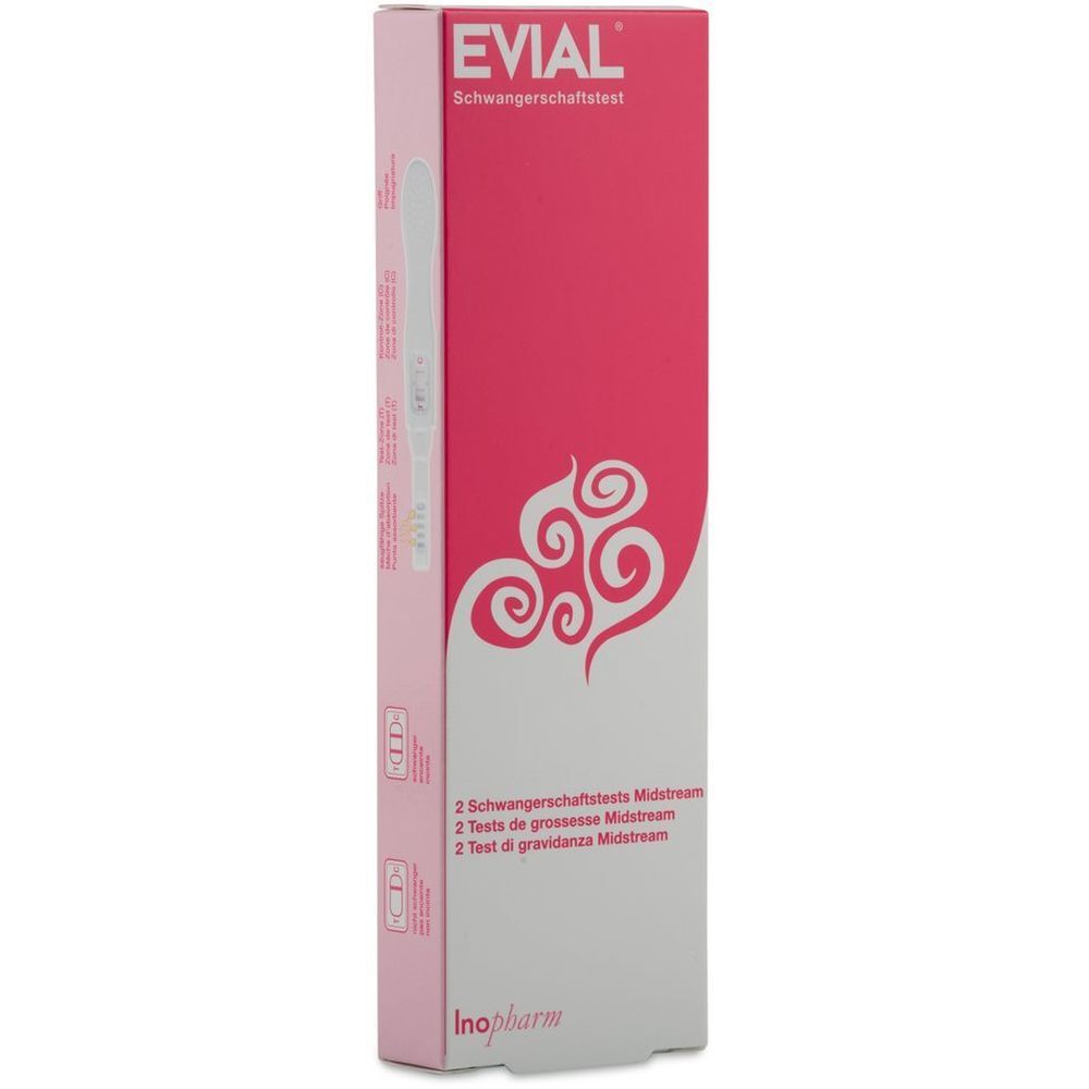 Boîte de test de grossesse EVIAL. Emballage rose et blanc avec nom du produit et motif floral.