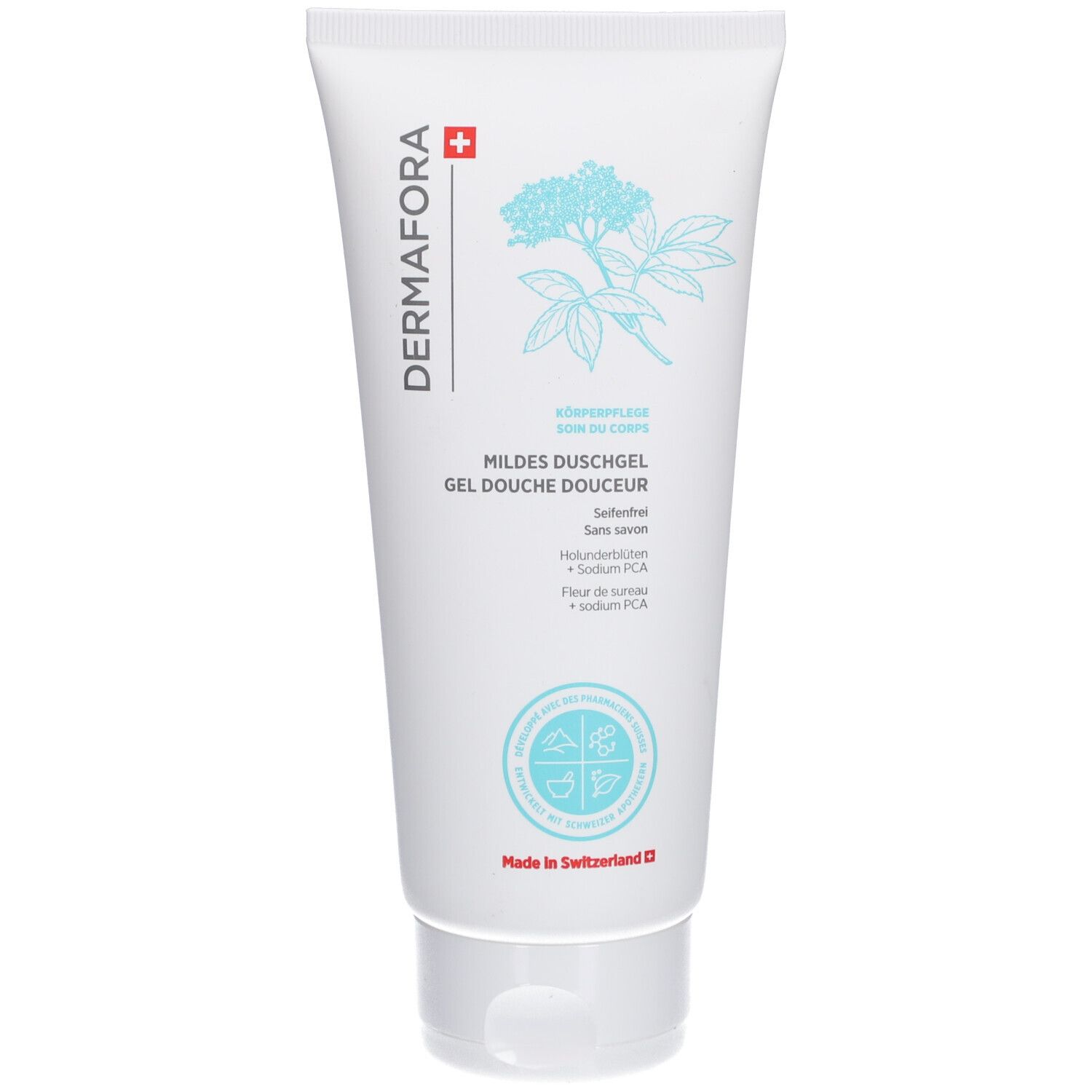 Witte tube met opdruk. "DERMAFORA"-logo, "Mildes Duschgel" en plantillustratie. "Made in Switzerland".