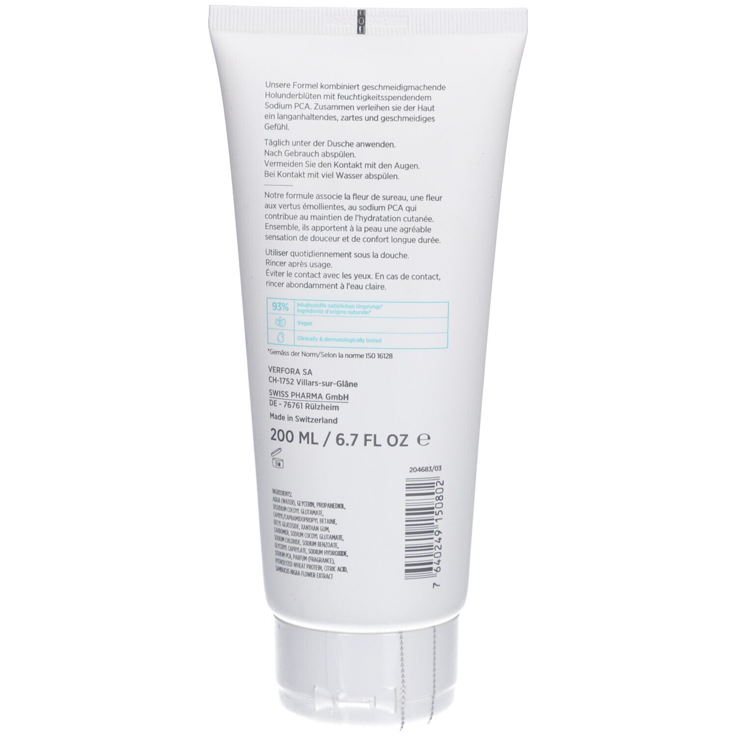 Achterkant van de witte tube. Tekstinformatie, ingrediënten, fabrikantgegevens en volume-aanduiding: 200 ml / 6.7 FL OZ.