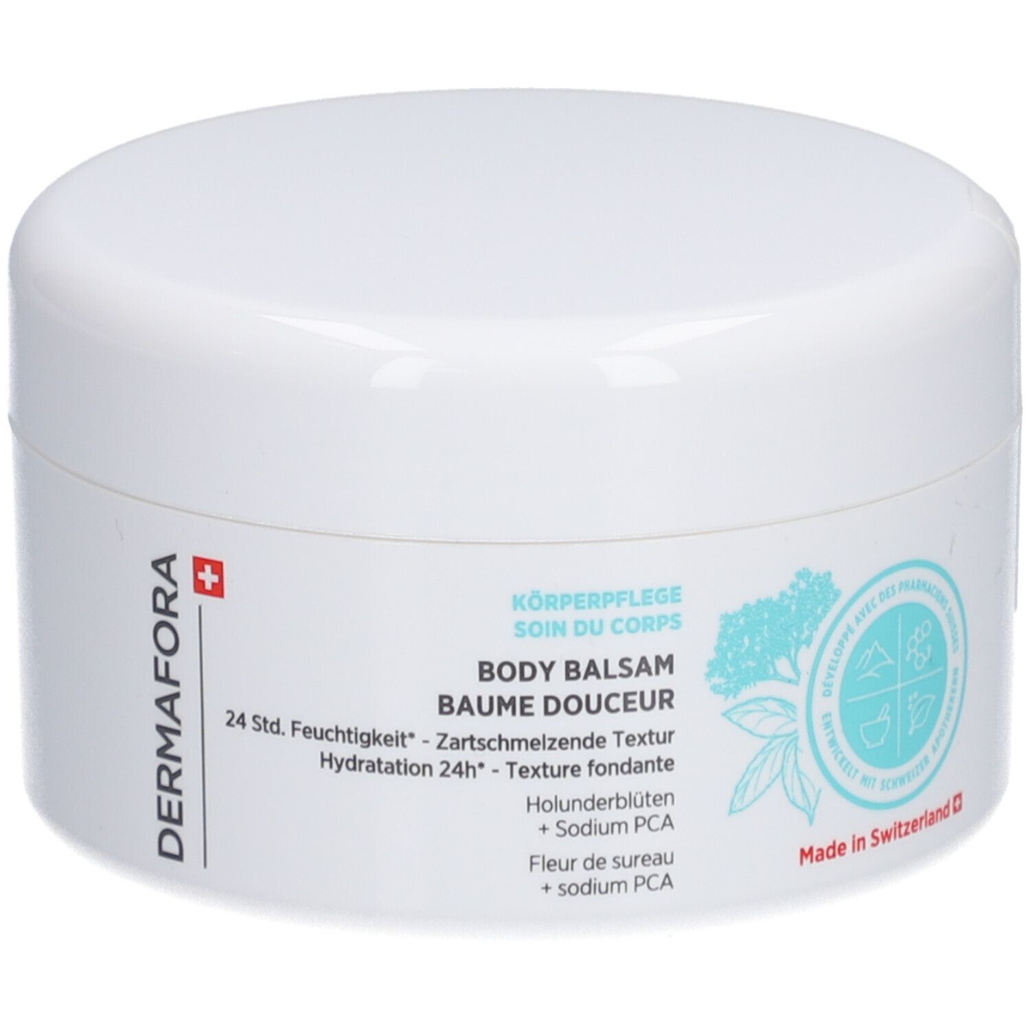 Pot blanc avec couvercle. Inscription: DERMAFORA, BODY BALSAM, 24h d'hydratation. Croix suisse et motif floral.