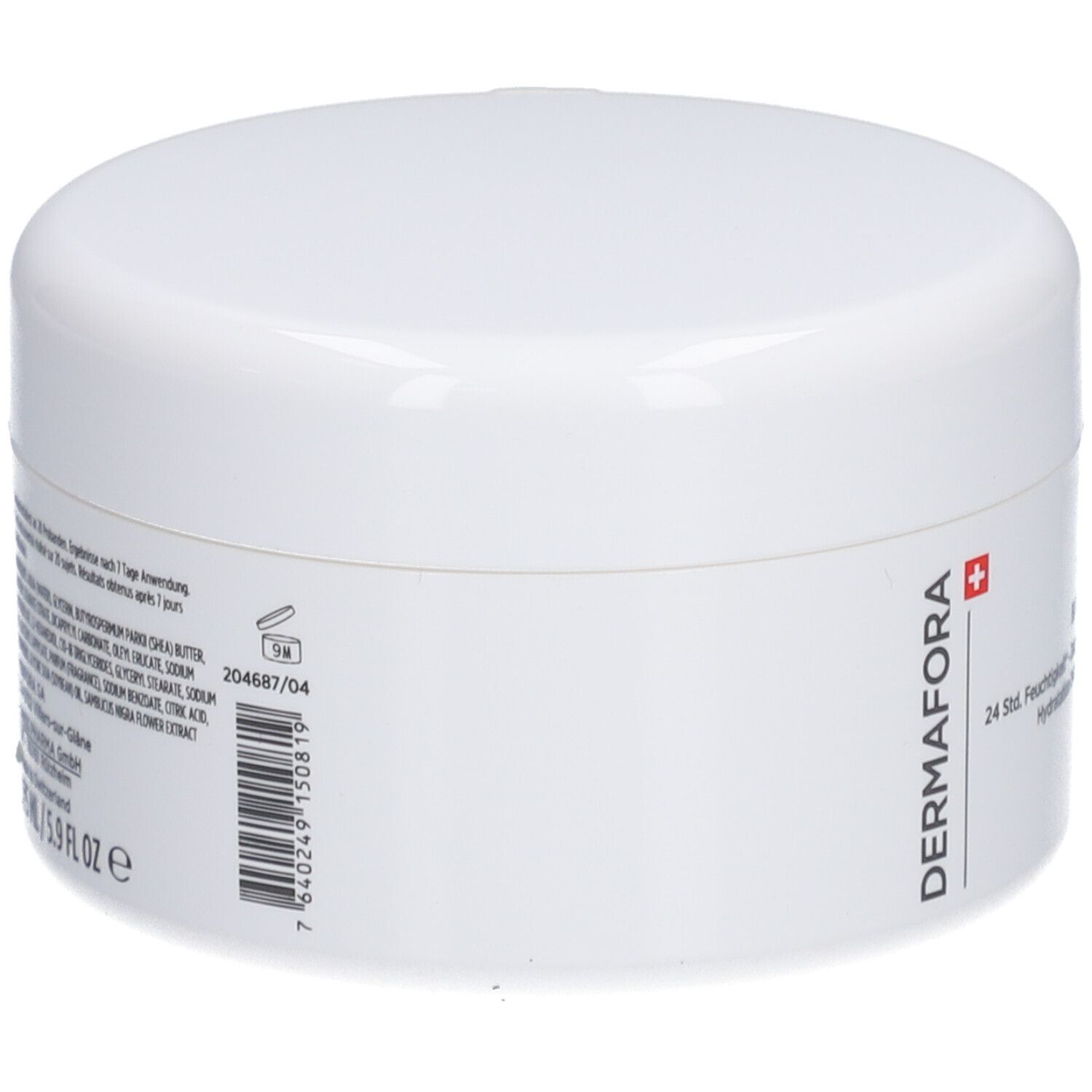 Pot blanc avec couvercle. Inscription: DERMAFORA. Code-barres et texte sur le côté. 125 ml/5.9 fl oz.