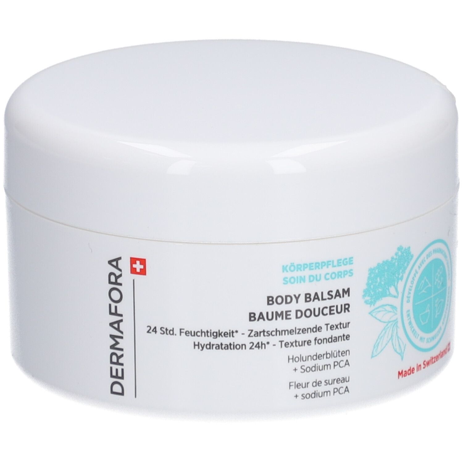 Pot blanc avec couvercle. Inscription: DERMAFORA, BODY BALSAM, 24h d'hydratation. Croix suisse et motif floral.