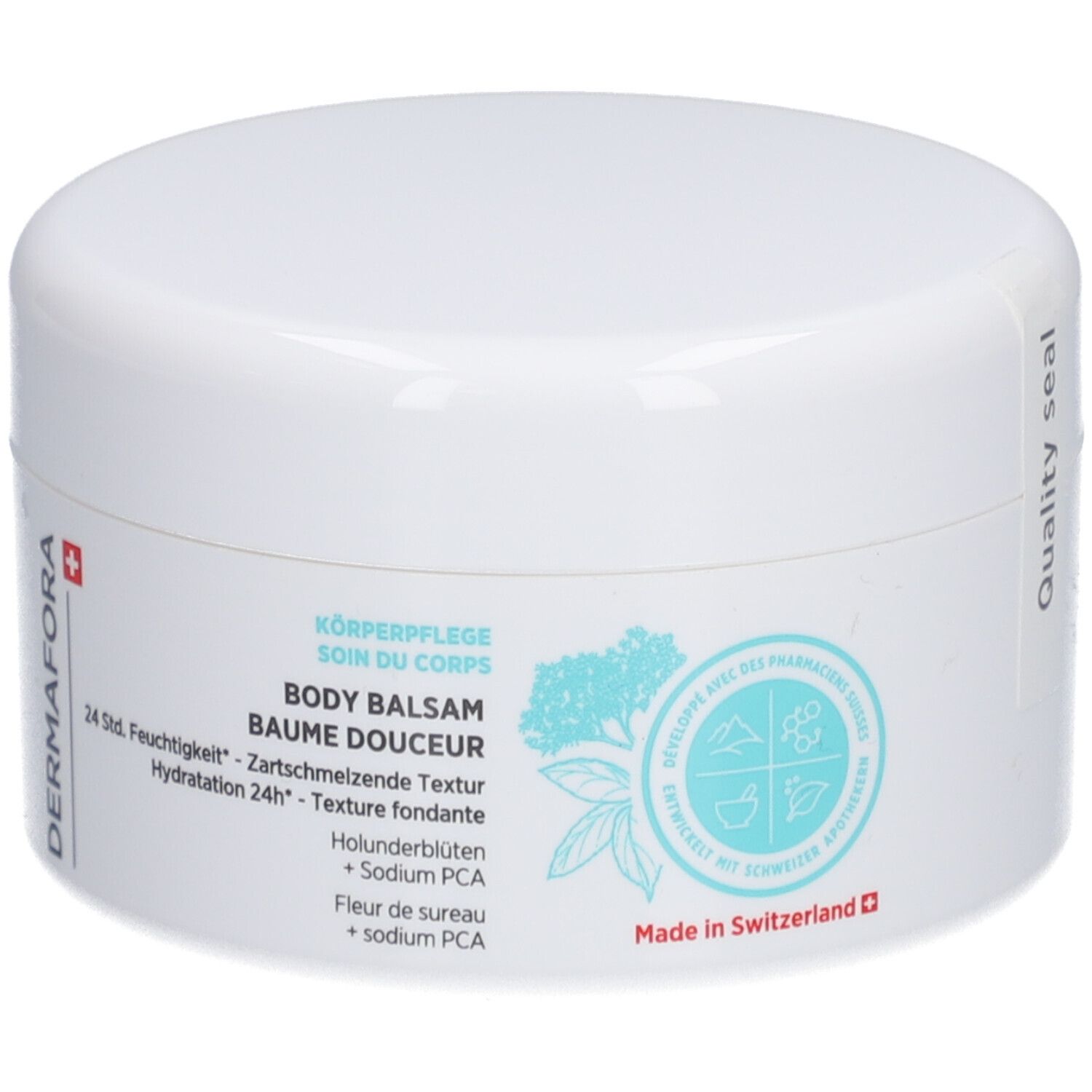 Pot blanc avec couvercle. Inscription: DERMAFORA, BODY BALSAM, 24h d'hydratation. Croix suisse et motif floral.
