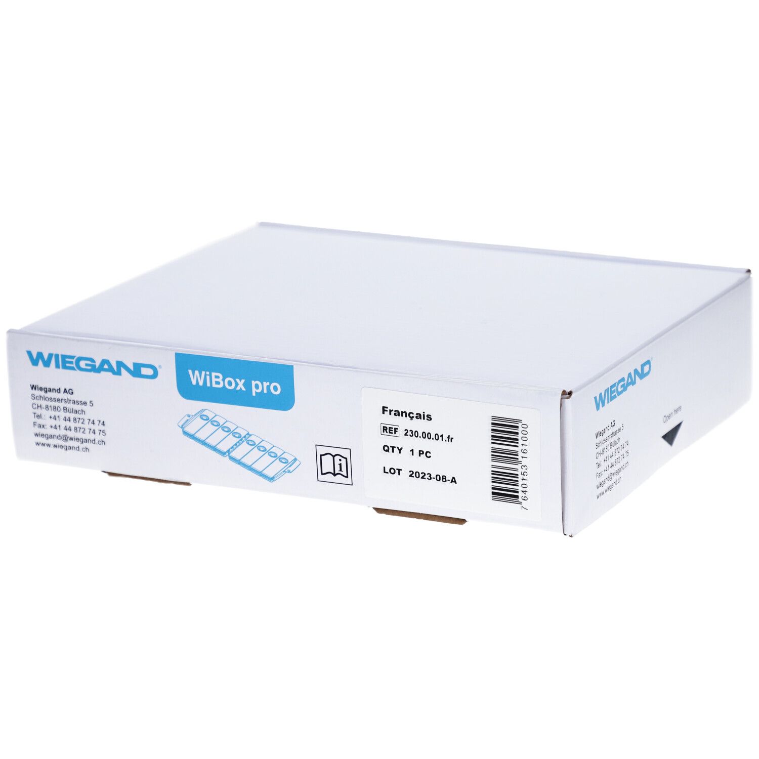 Witte verpakking met opdruk van WIEGAND, WiBox pro. Etiket met productinformatie en barcode.