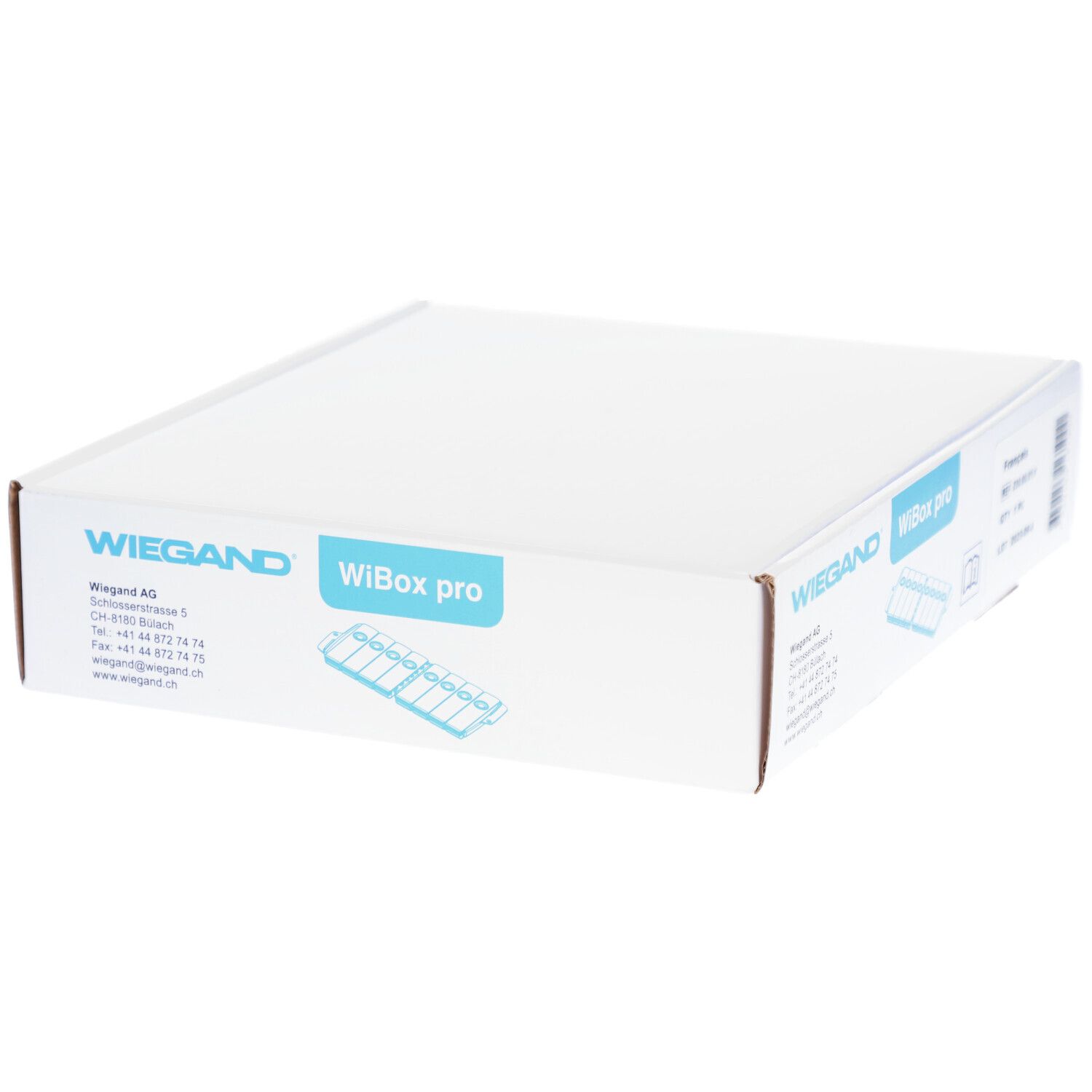 Witte verpakking met opdruk van WIEGAND, WiBox pro. Zijaanzicht van de verpakking.