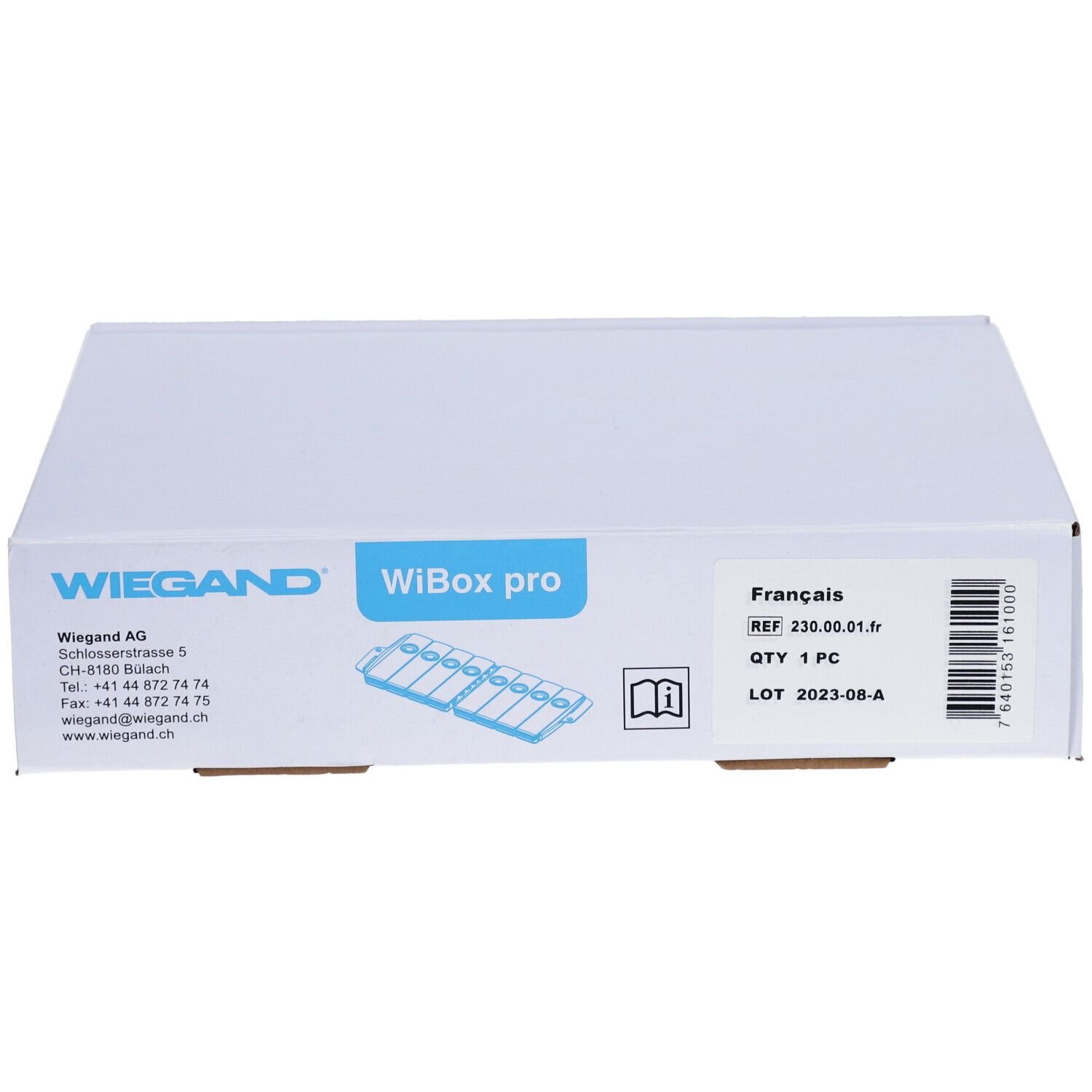 Witte verpakking met opdruk van WIEGAND, WiBox pro. Etiket met productinfo en pictogram.