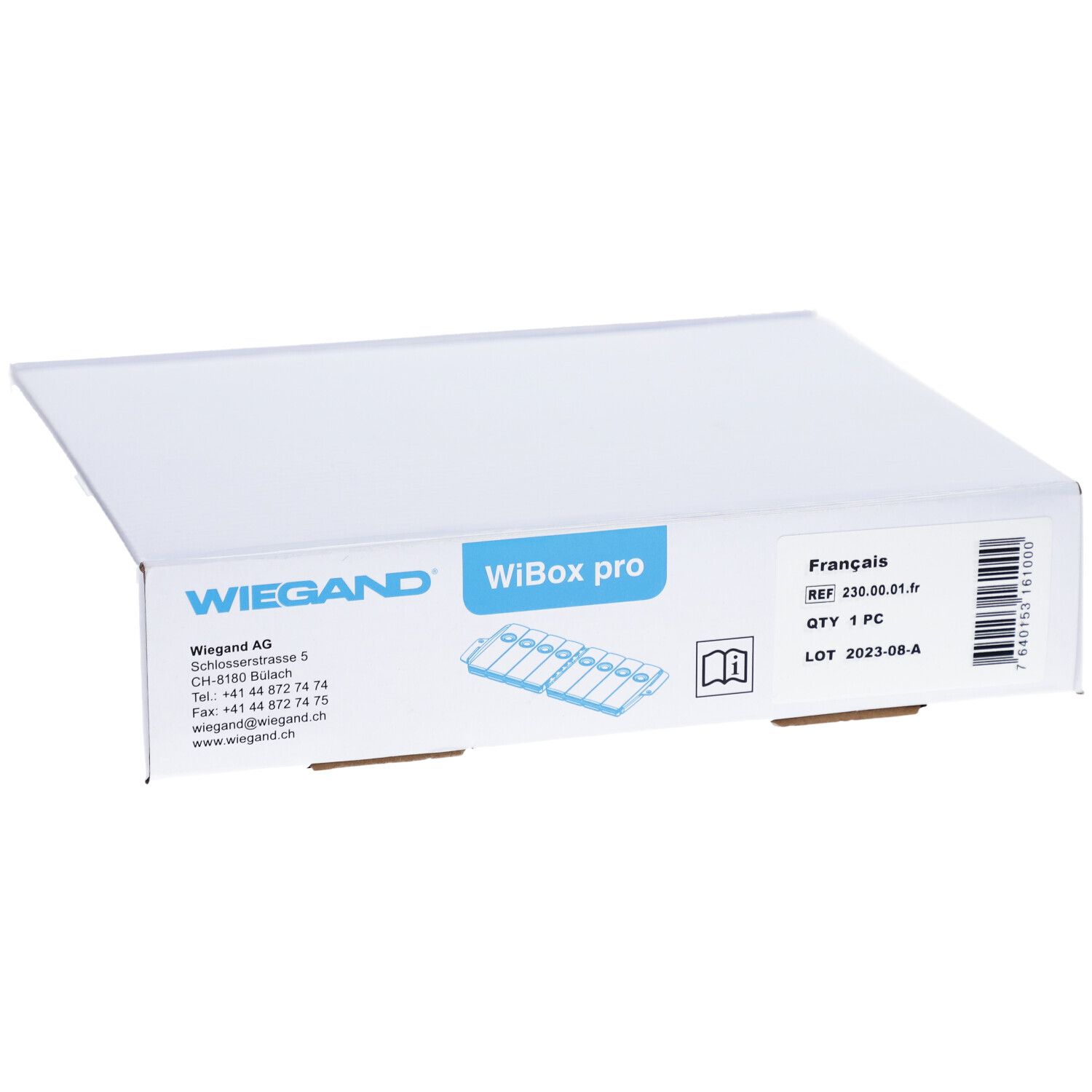 Witte verpakking met opdruk van WIEGAND, WiBox pro. Etiket met productinfo en barcode.