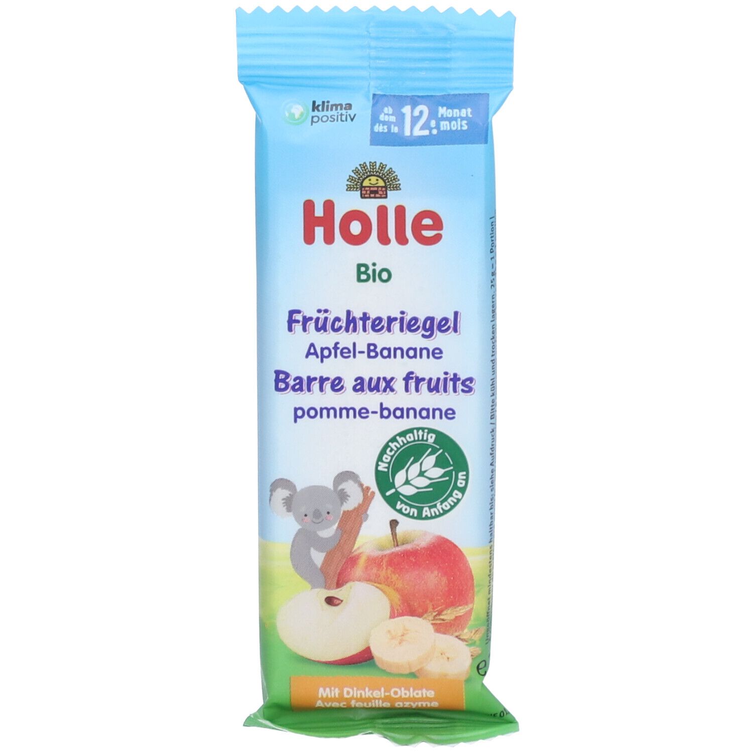 Holle Biologische Fruitreep Appel-Banaan, reep met stukjes appel en banaan, voor baby's vanaf 12 maanden.
