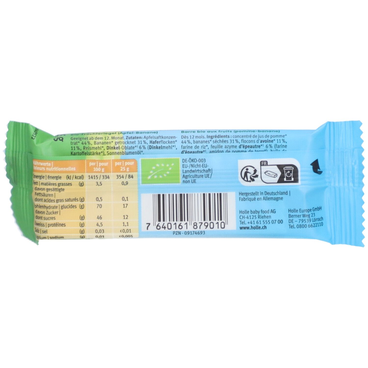 Achterkant Holle Biologische Fruitreep Appel-Banaan met voedingswaarde-informatie, bio-keurmerk en barcode. Gemaakt in Duitsland.
