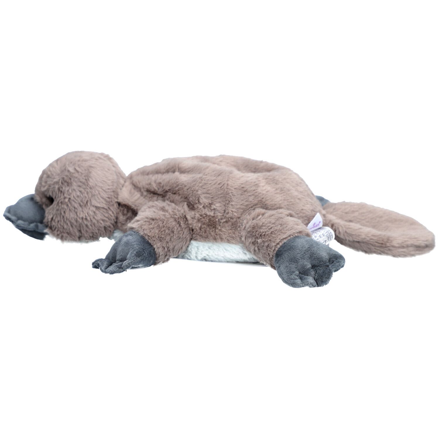 Platypus knuffel, zijaanzicht. Grijsbruin met grijze snavel en poten.