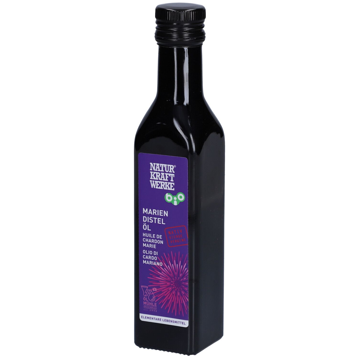 Bouteille en verre sombre avec étiquette violette : Huile de chardon-Marie bio NATURKRAFTWERKE.