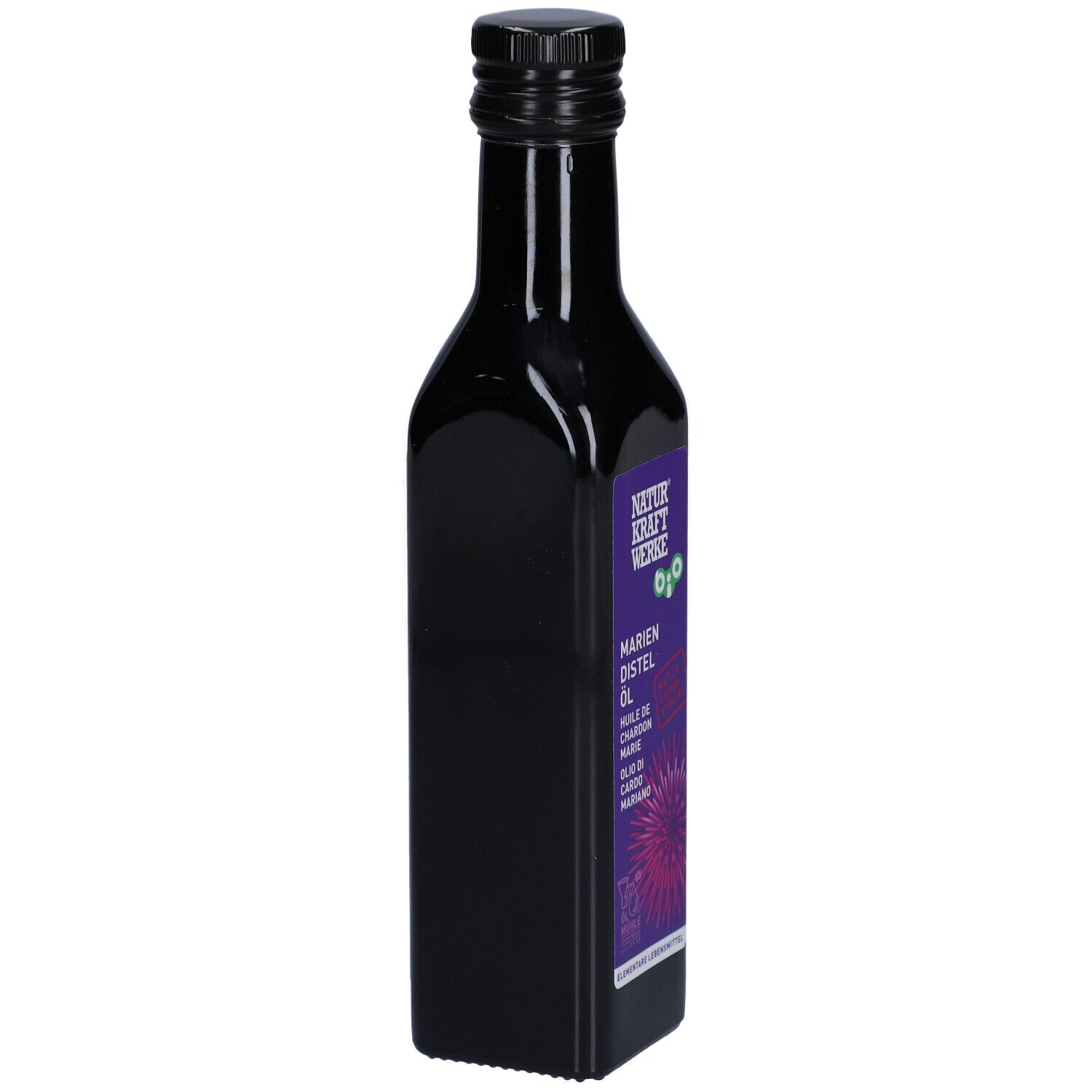 Bouteille en verre sombre avec étiquette violette, vue de côté : Huile de chardon-Marie bio NATURKRAFTWERKE.