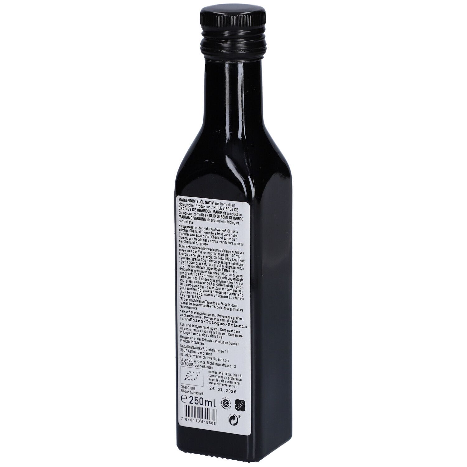 Arrière d'une bouteille en verre sombre avec étiquette : Huile de chardon-Marie bio NATURKRAFTWERKE, 250ml.