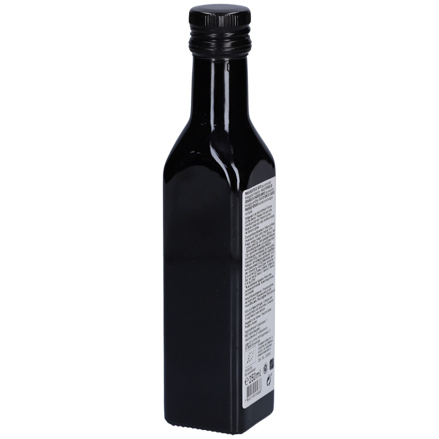 Bouteille en verre sombre avec étiquette, vue de l'arrière et de côté : Huile de chardon-Marie bio NATURKRAFTWERKE.