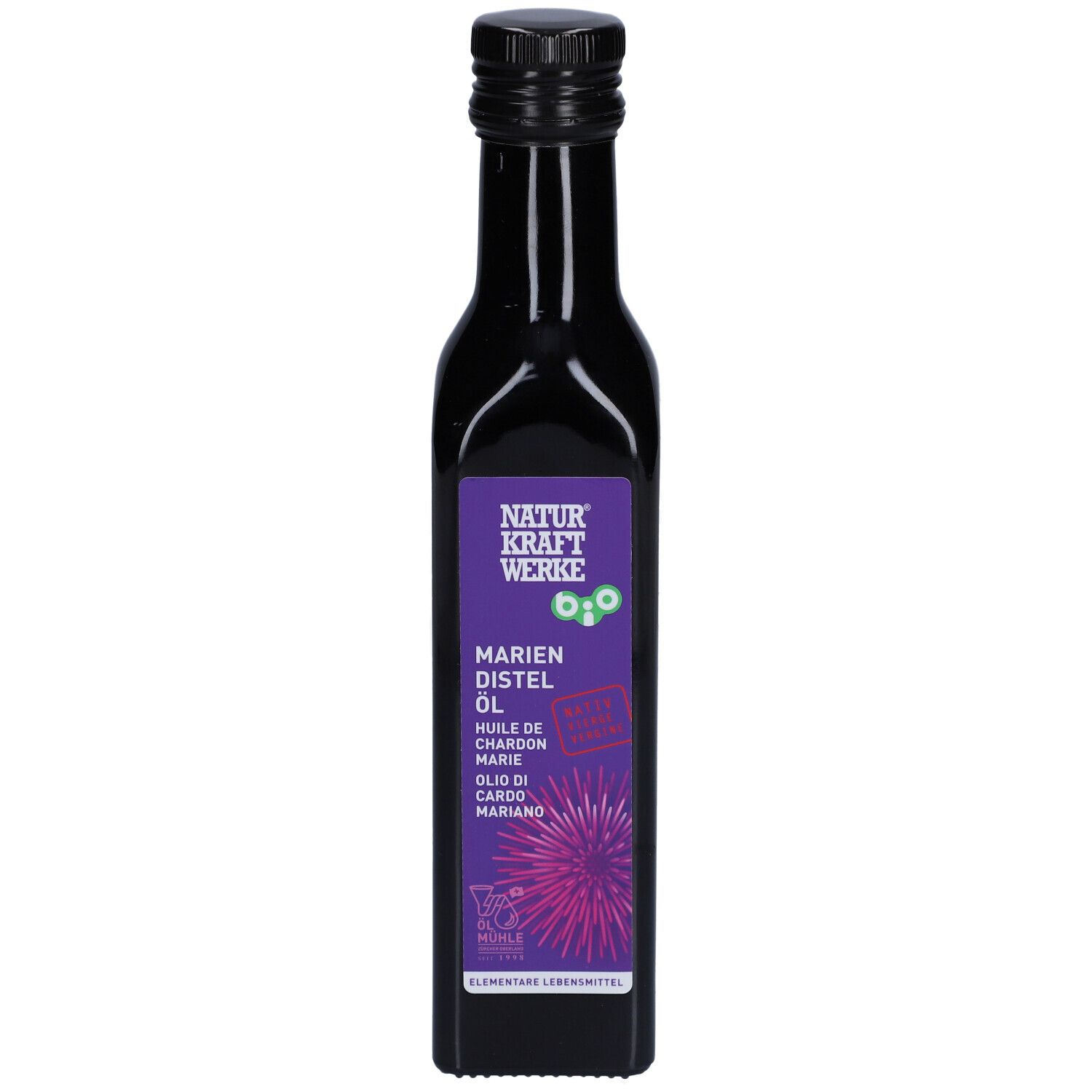 Bouteille en verre sombre avec étiquette violette : Huile de chardon-Marie bio NATURKRAFTWERKE, avec sceau bio.