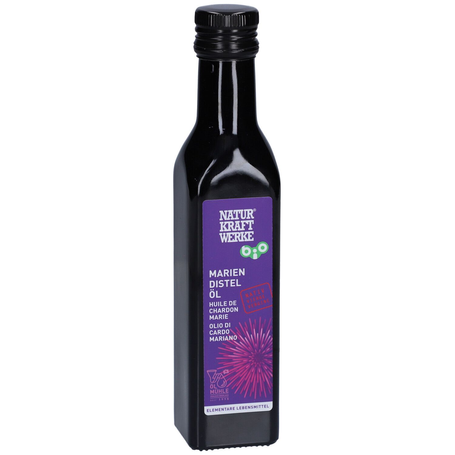 Bouteille en verre sombre avec étiquette violette : Huile de chardon-Marie bio NATURKRAFTWERKE, avec sceau bio.