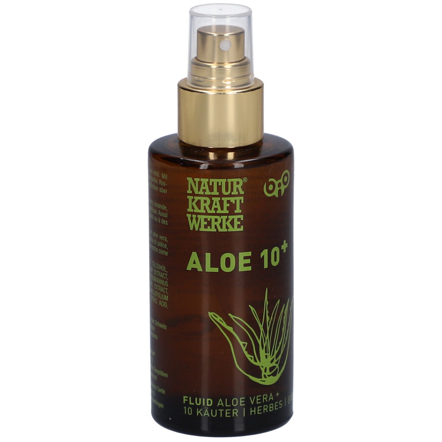 Bruine fles met verstuiver. Opschrift: NATURKRAFTWERKE Aloe 10+. Illustratie van een aloë vera plant. Tekst: Fluid Aloe Vera + 10 kruiden.