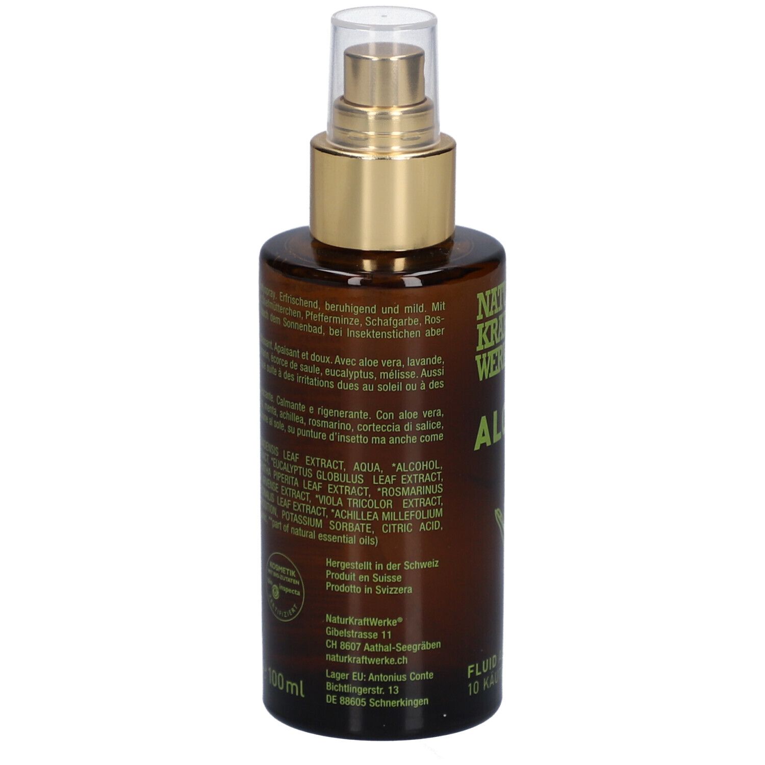 Achterkant van de bruine fles. Tekst in meerdere talen. Opschrift: NATURKRAFTWERKE. Ingrediënten. Gemaakt in Zwitserland. 100ml.