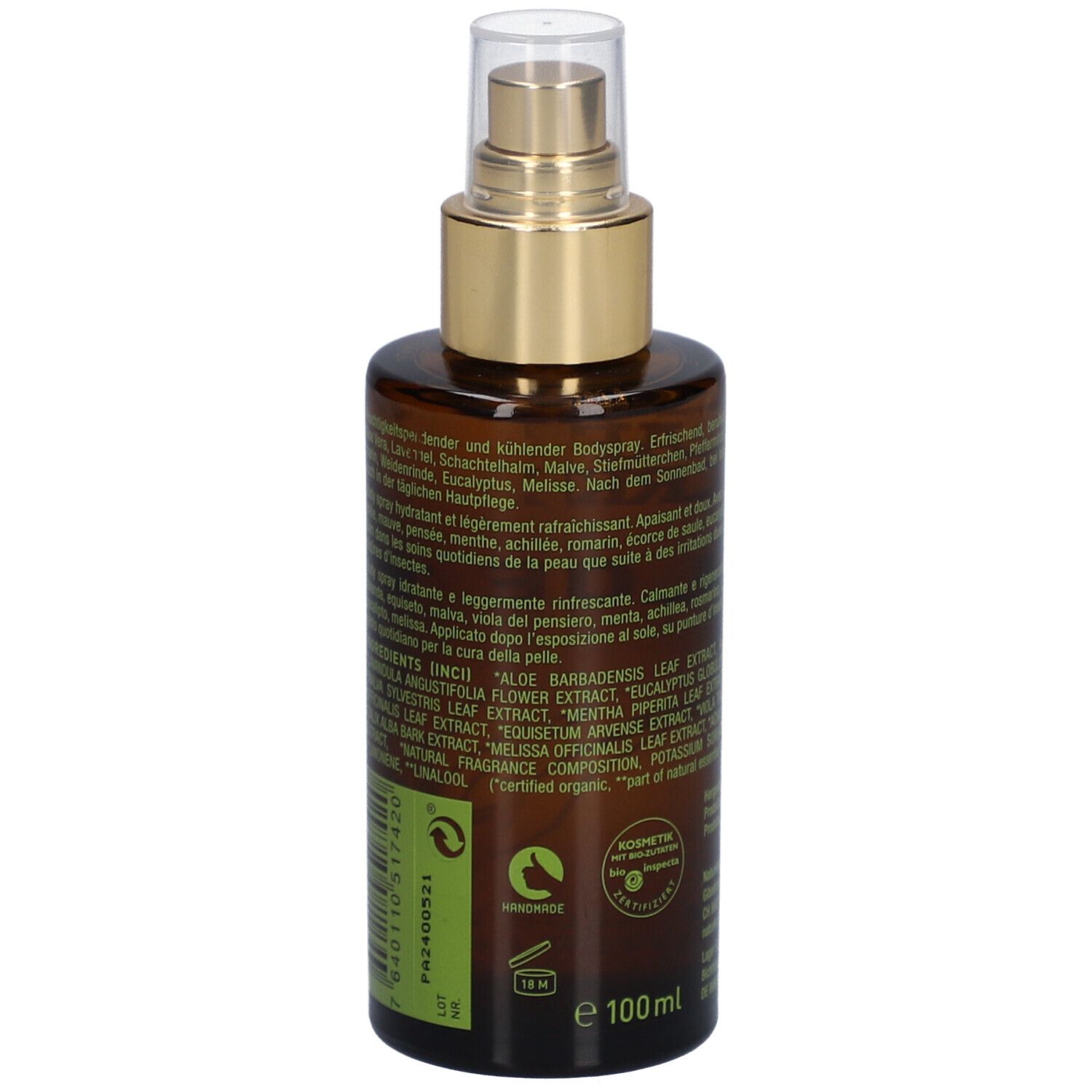 Achterkant van de bruine fles. Tekst in meerdere talen. Opschrift: NATURKRAFTWERKE. Ingrediënten. Gecertificeerd organic. 100ml.