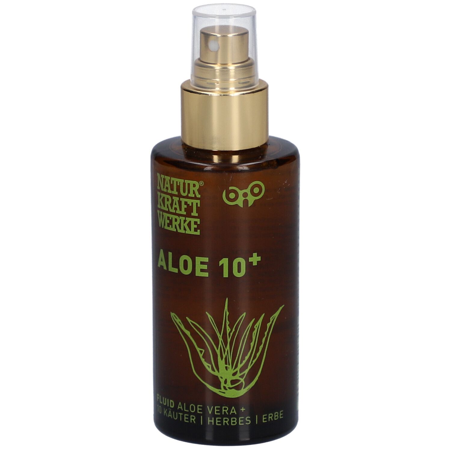 Bruine fles met verstuiver. Opschrift: NATURKRAFTWERKE Aloe 10+. Illustratie van een aloë vera plant. Tekst: Fluid Aloe Vera + 10 kruiden.