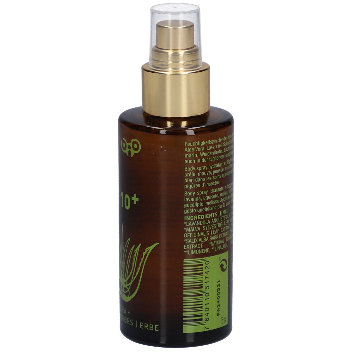 Bruine fles met verstuiver. Opschrift: NATURKRAFTWERKE Aloe 10+. Illustratie van een aloë vera plant. Tekst: Fluid Aloe Vera + 10 kruiden. 100ml.