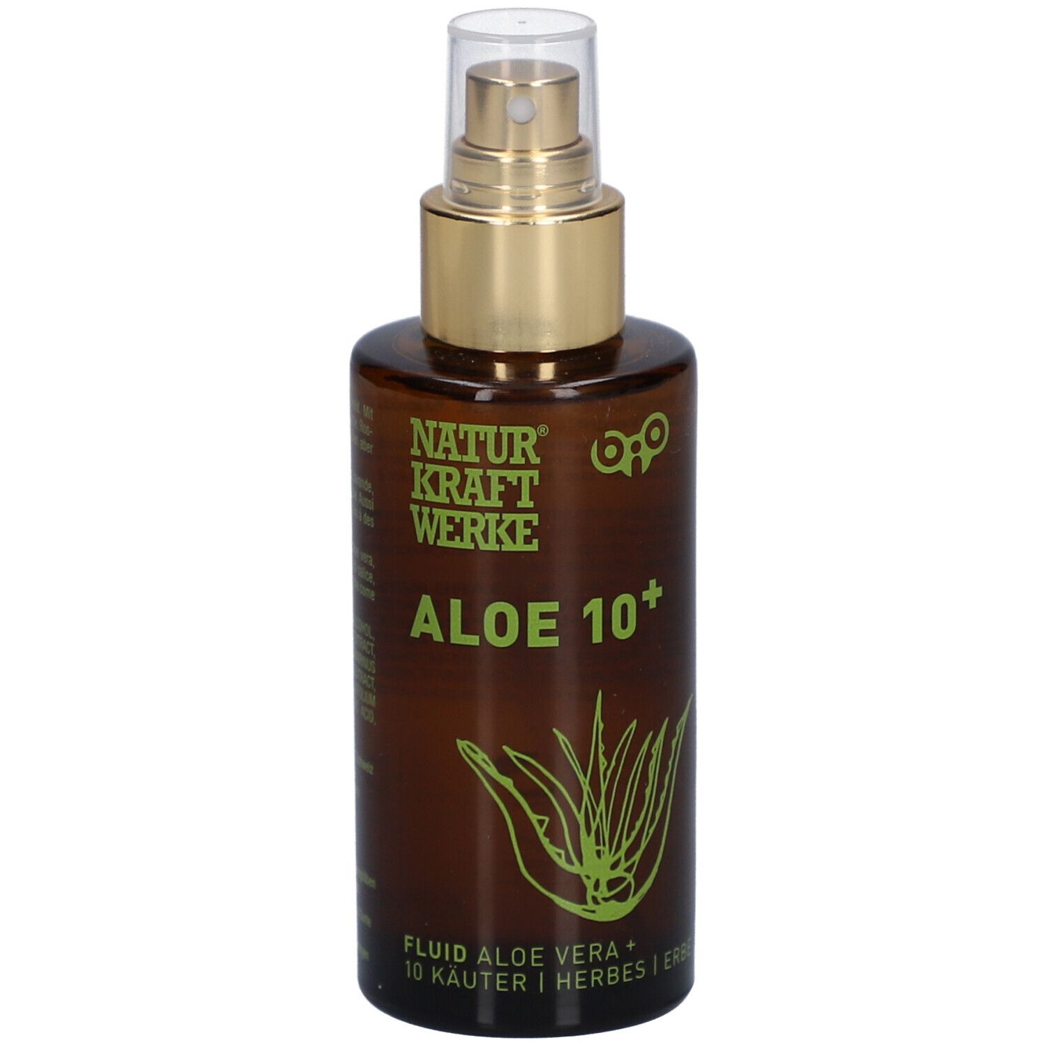Bruine fles met verstuiver. Opschrift: NATURKRAFTWERKE Aloe 10+. Illustratie van een aloë vera plant. Tekst: Fluid Aloe Vera + 10 kruiden.