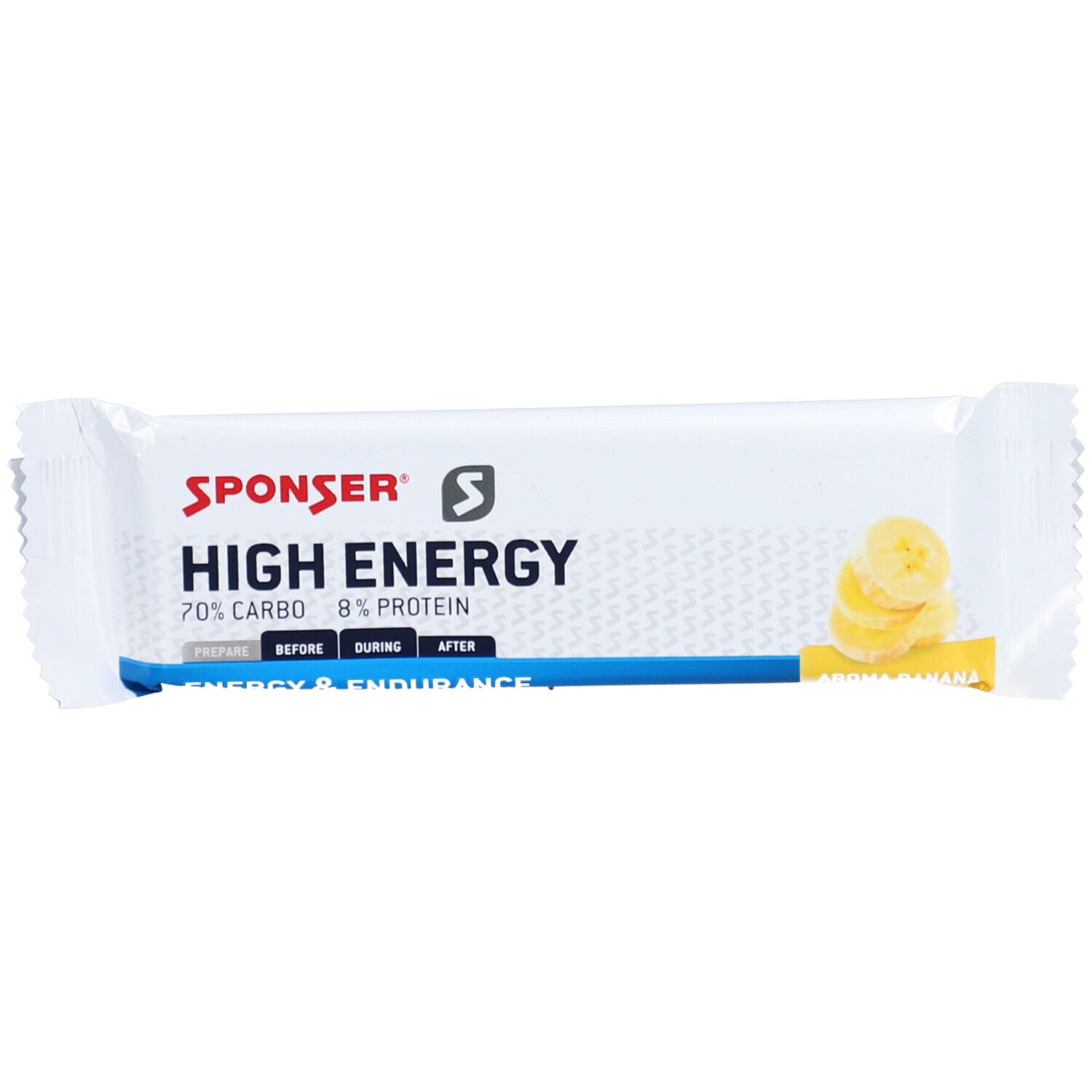 SPONSER HIGH ENERGY BAR Banane: Barre avec rondelles de banane, 70% glucides, 8% protéines.
