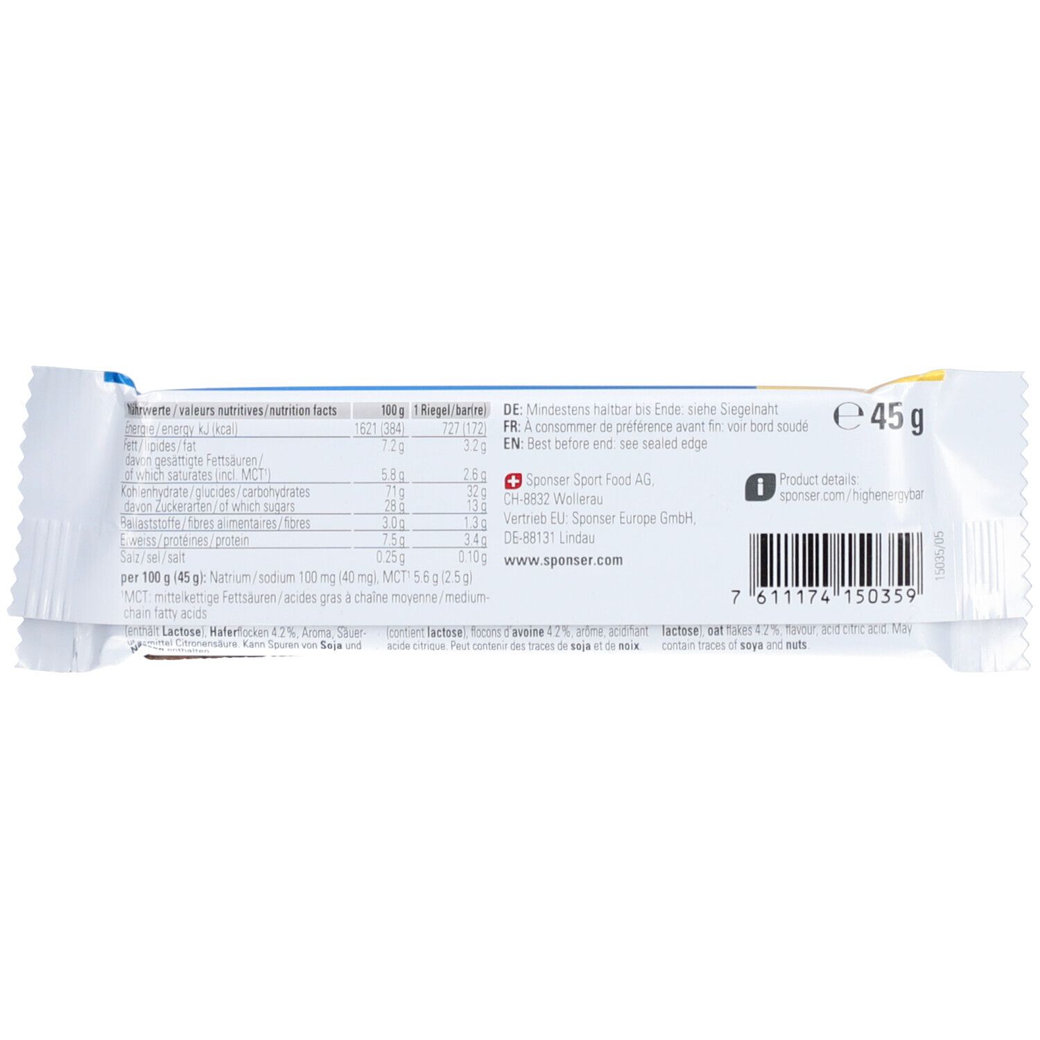 SPONSER HIGH ENERGY BAR Banane: Dos avec informations nutritionnelles, ingrédients et code-barres. 45g.