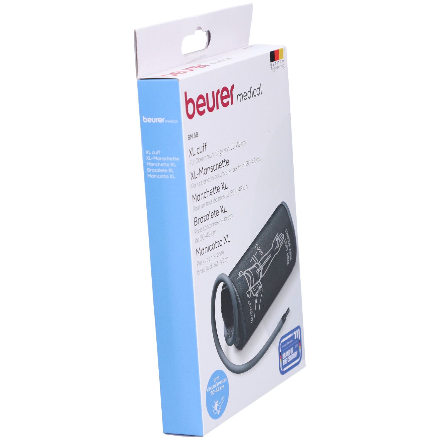 Brassard XL Beurer BM 58 en emballage, en biais. Brassard gris avec tube, emballé dans une boîte blanche.
