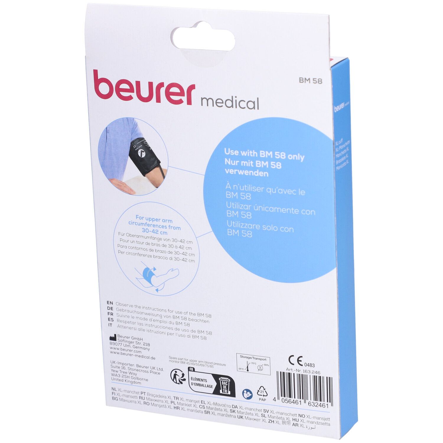 Dos de l'emballage du brassard XL Beurer BM 58. Informations d'utilisation et certifications.