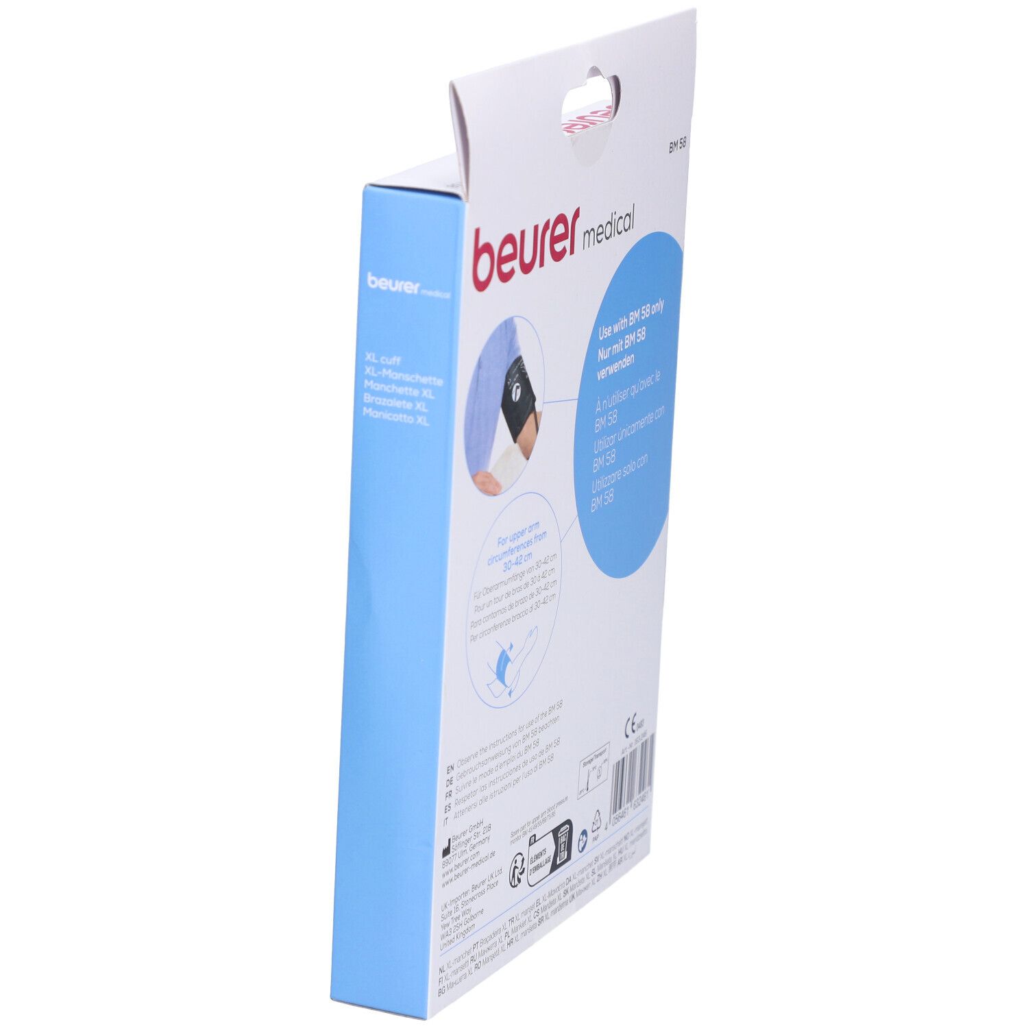 Vue latérale de l'emballage du brassard XL Beurer BM 58. Nom du produit et informations.