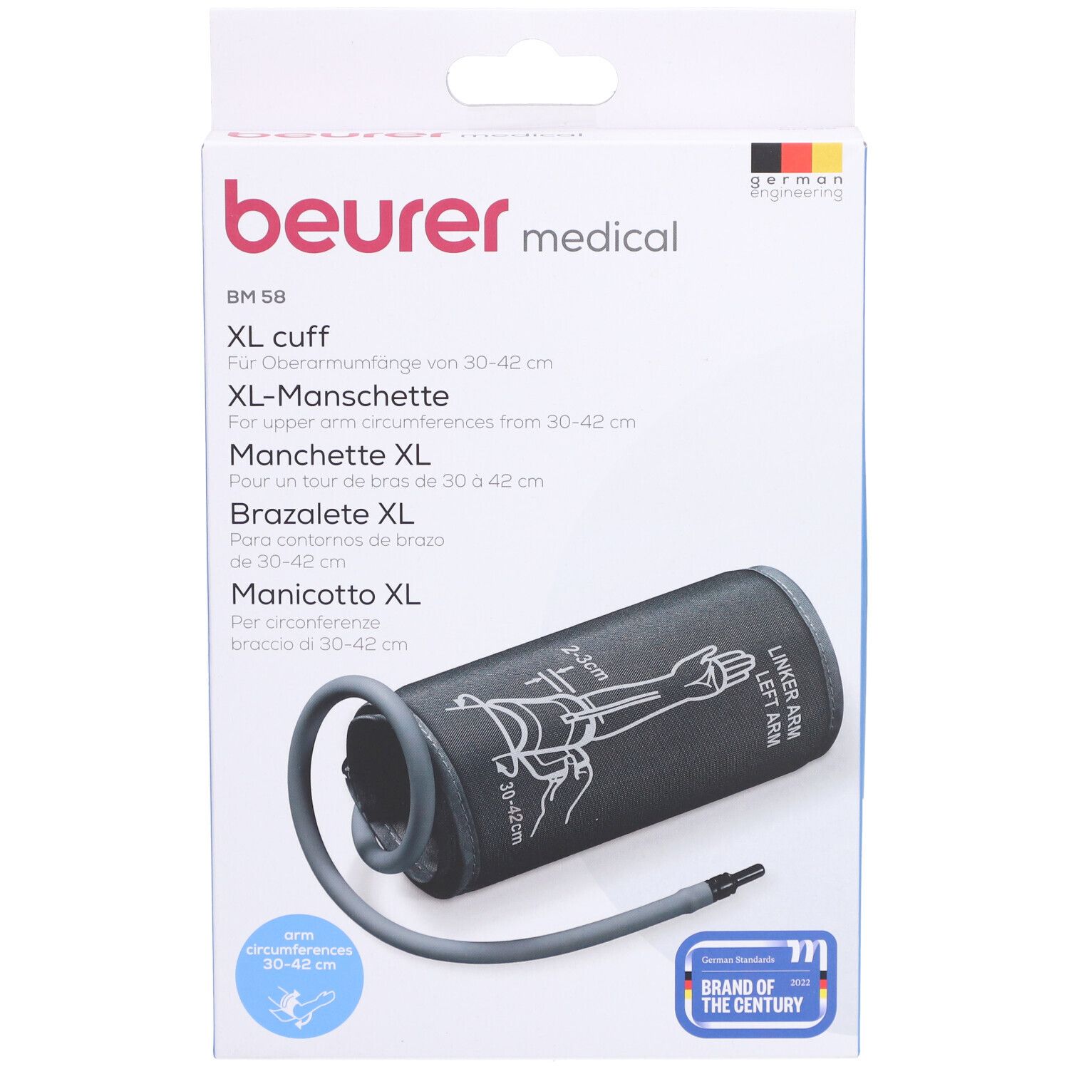 Brassard XL Beurer BM 58 en emballage. Brassard gris avec tube, emballé dans une boîte blanche avec nom du produit.
