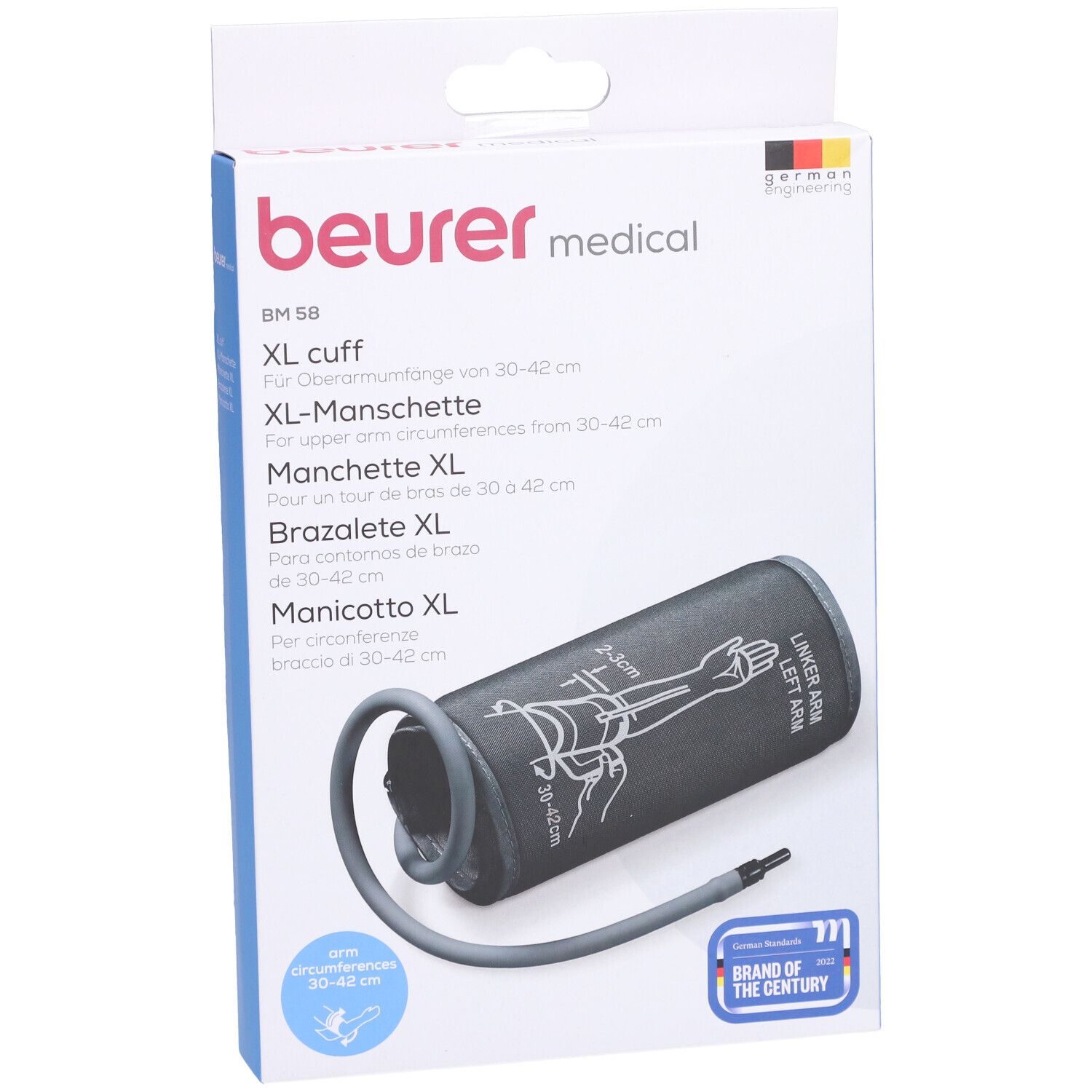 Brassard XL Beurer BM 58 en emballage. Brassard gris avec tube, emballé dans une boîte blanche avec nom du produit.