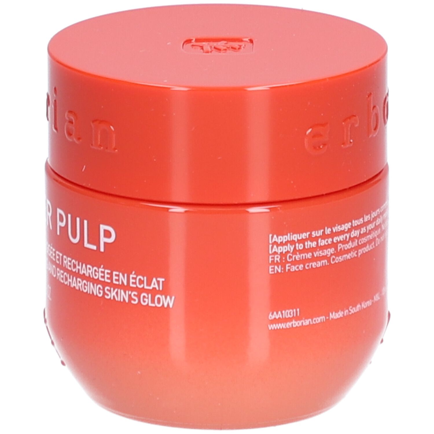 Pot rouge de crème pour le visage Erborian Red Pepper Pulp, 50 ml, avec texte sur le côté.