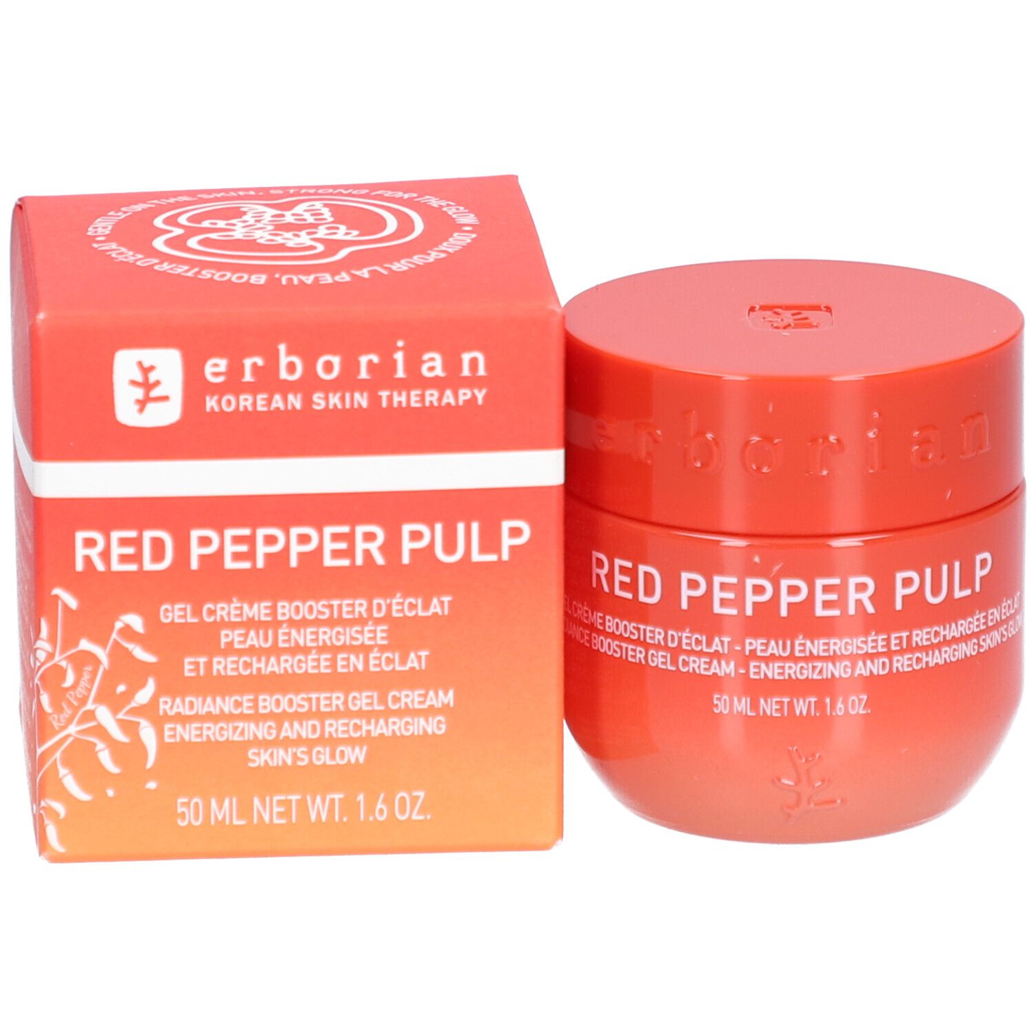 Pot et boîte rouges de crème pour le visage Erborian Red Pepper Pulp, 50 ml.