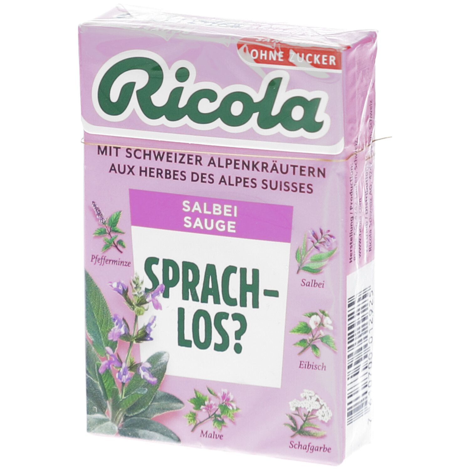 Boîte rose Ricola, bonbons à la sauge. Texte: Sans sucre, herbes des Alpes suisses. Illustrations de plantes.