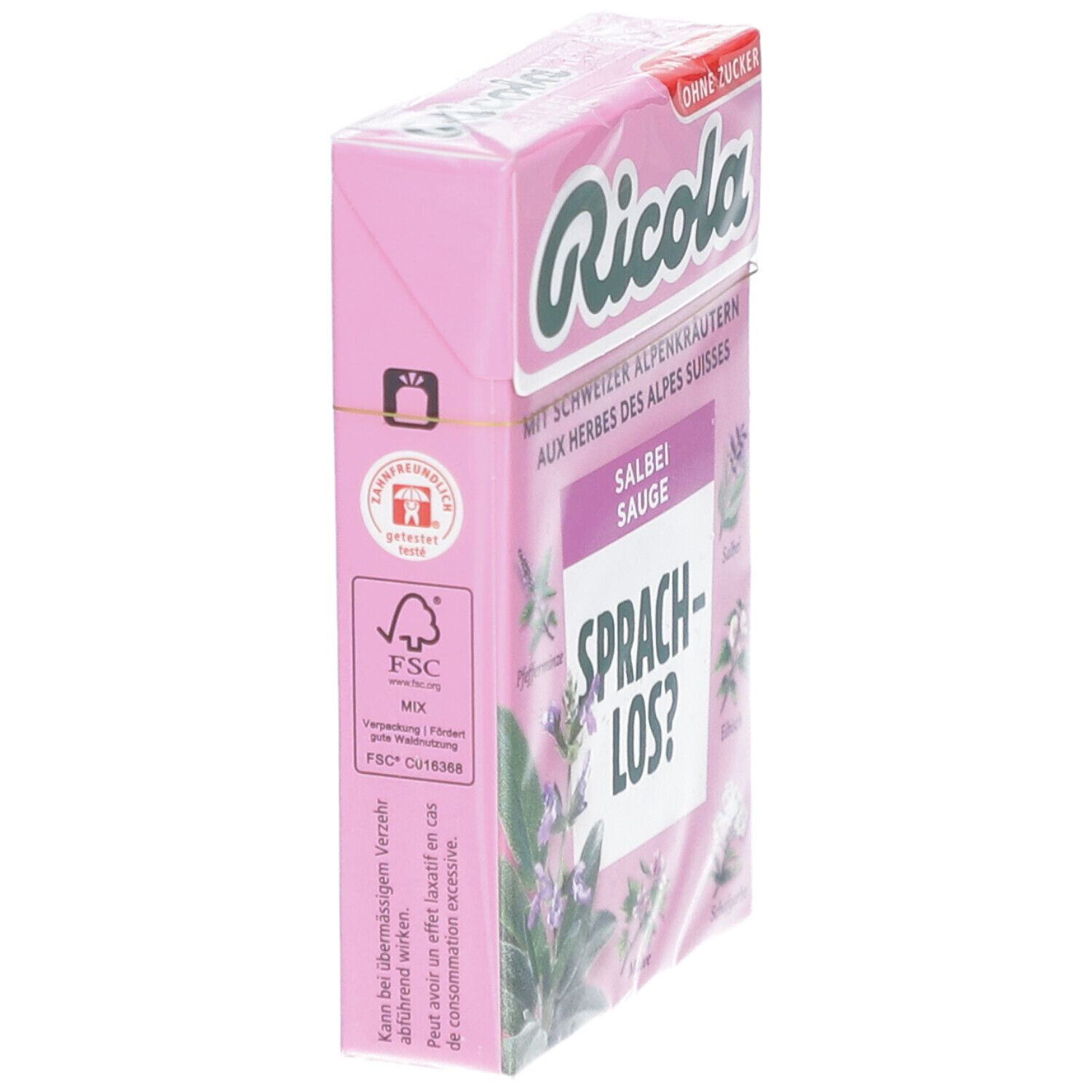 Boîte Ricola rose vue de côté. Logo, texte: Herbes des Alpes suisses, sauge. Label FSC. Film transparent.