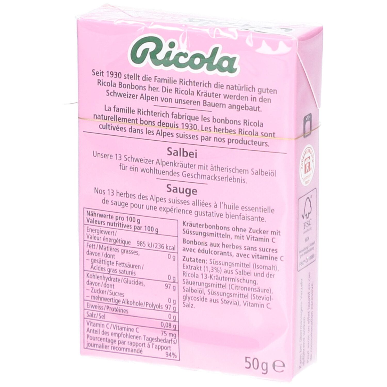 Dos de la boîte Ricola rose. Texte: Sauge, informations nutritionnelles, ingrédients, 50g. Logo.