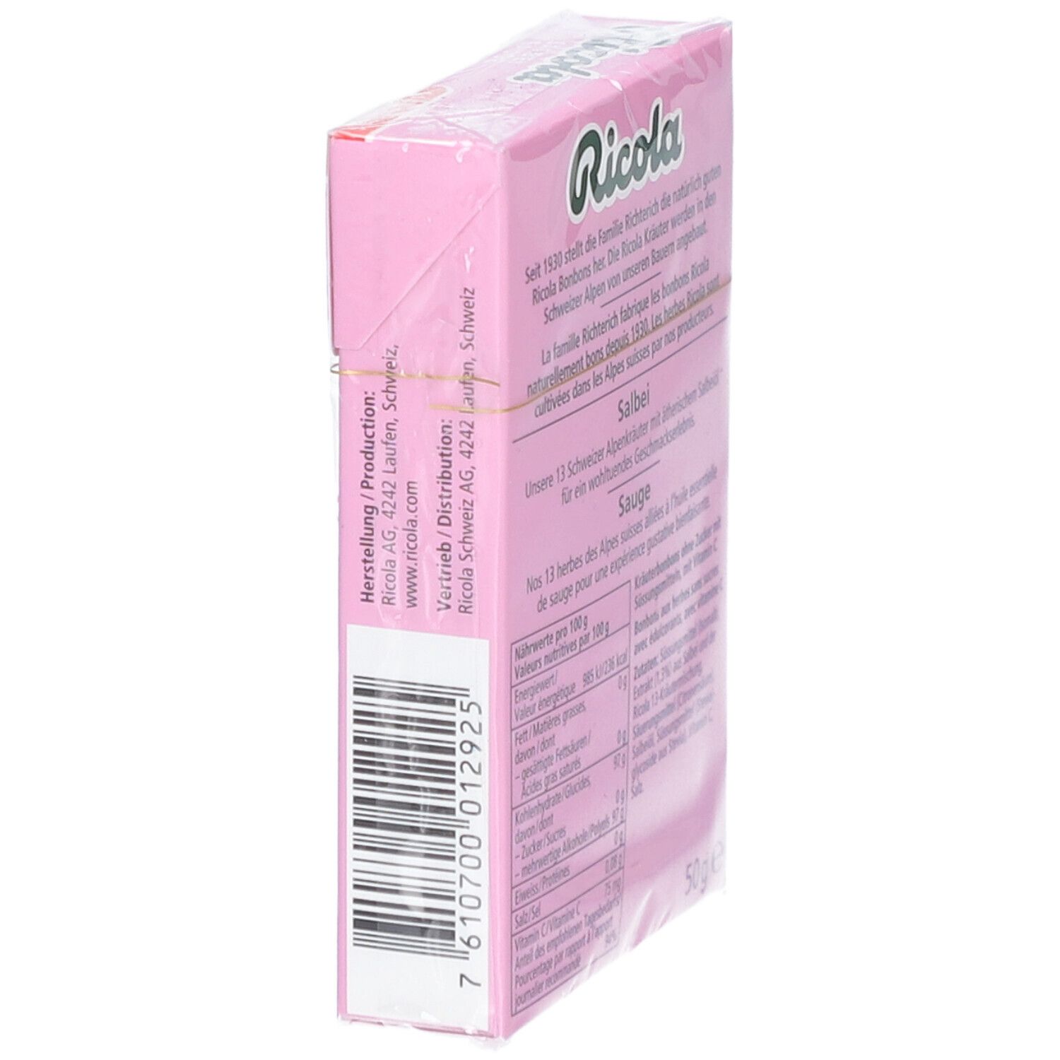 Boîte Ricola, dos, en biais. Texte: Fabricant, distribution, code-barres. Film transparent.
