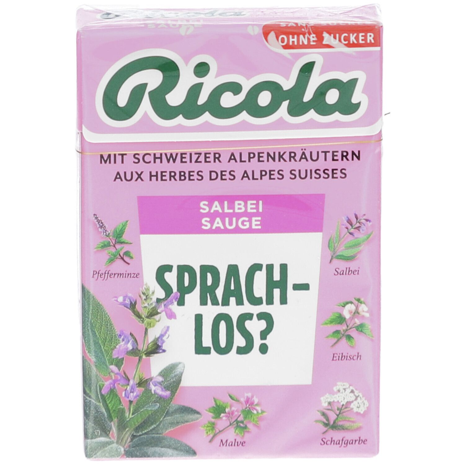 Boîte rose Ricola avec bonbons à la sauge. Texte: Sans sucre, herbes des Alpes suisses. Illustrations de plantes.