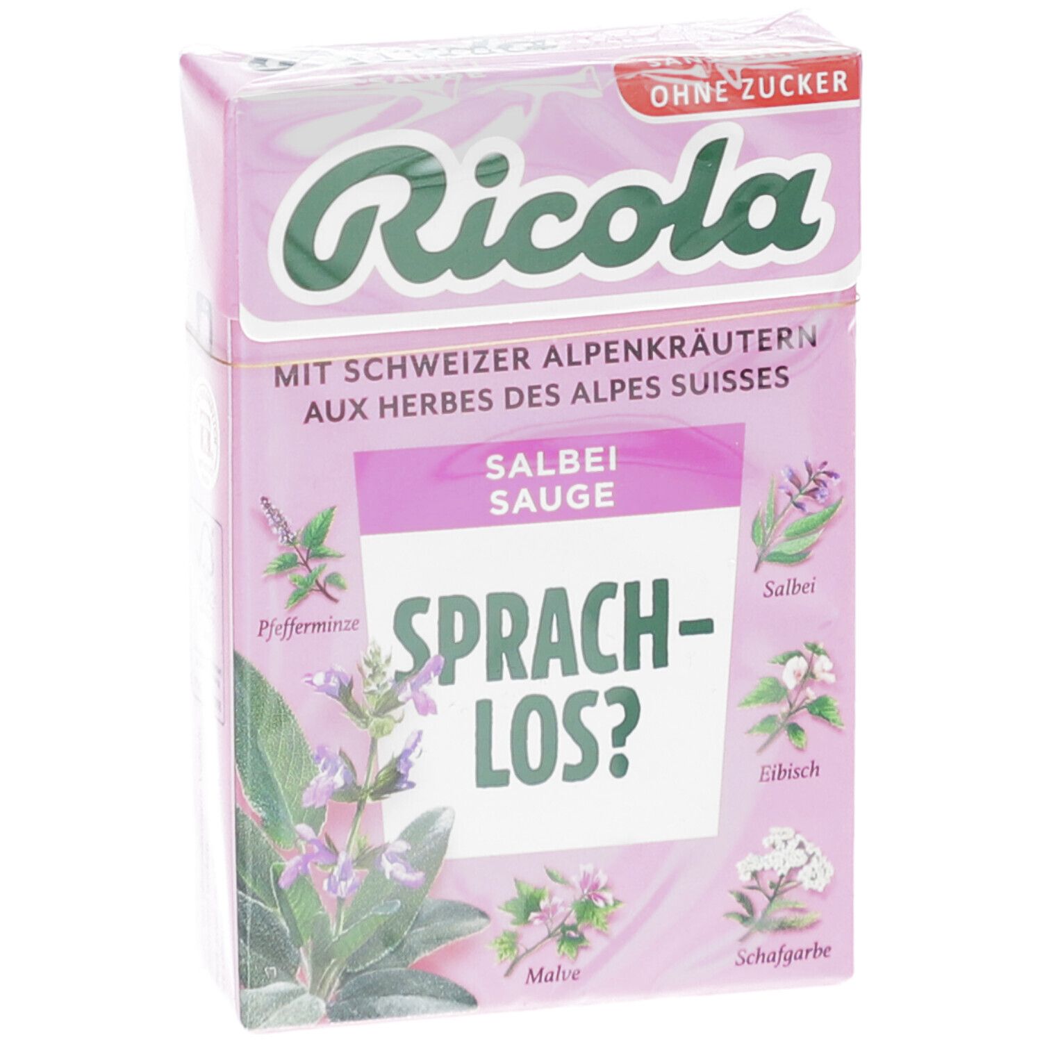 Boîte rose Ricola avec bonbons à la sauge. Texte: Sans sucre, herbes des Alpes suisses. Illustrations de plantes.