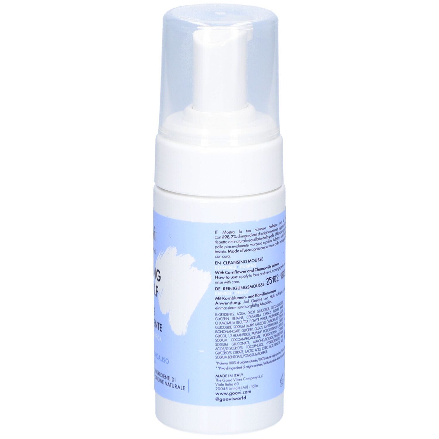 Dos du flacon blanc. Texte avec ingrédients et informations fabricant. Avec bleuet et camomille.