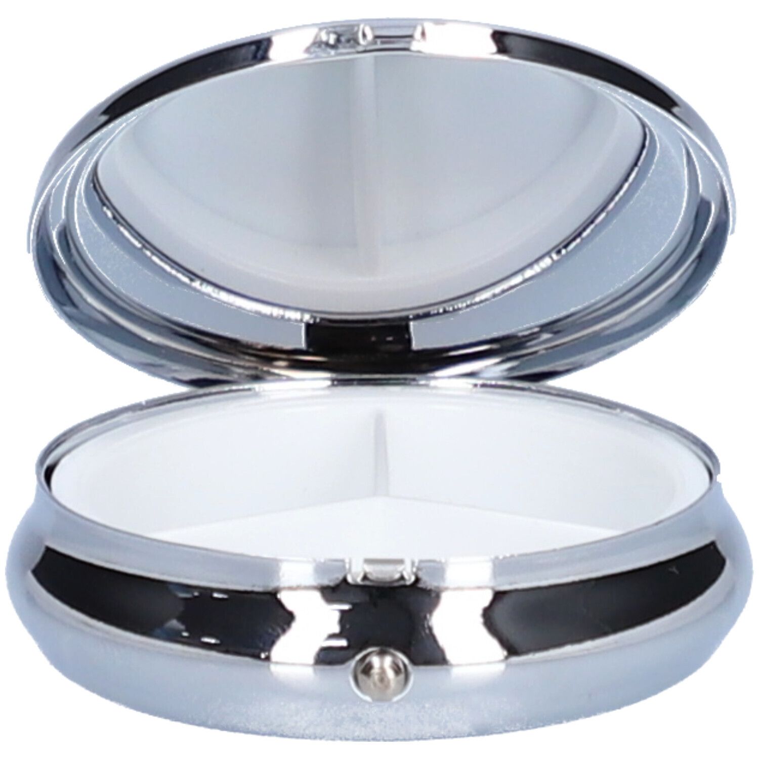 Pilulier rond ouvert, trois compartiments, miroir dans le couvercle. Argenté.
