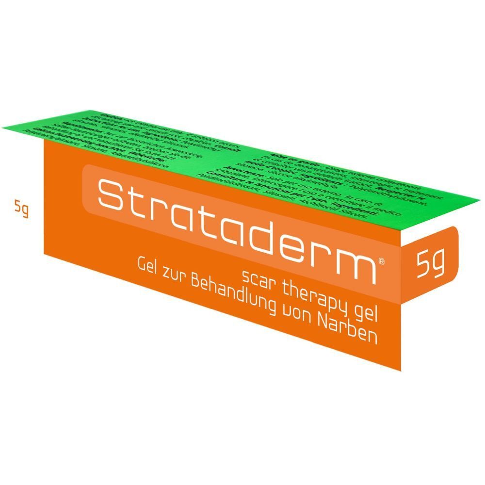 Doosje "Strataderm" gel. Oranje en wit, groene bovenkant. Tekst: "Gel voor de behandeling van littekens".